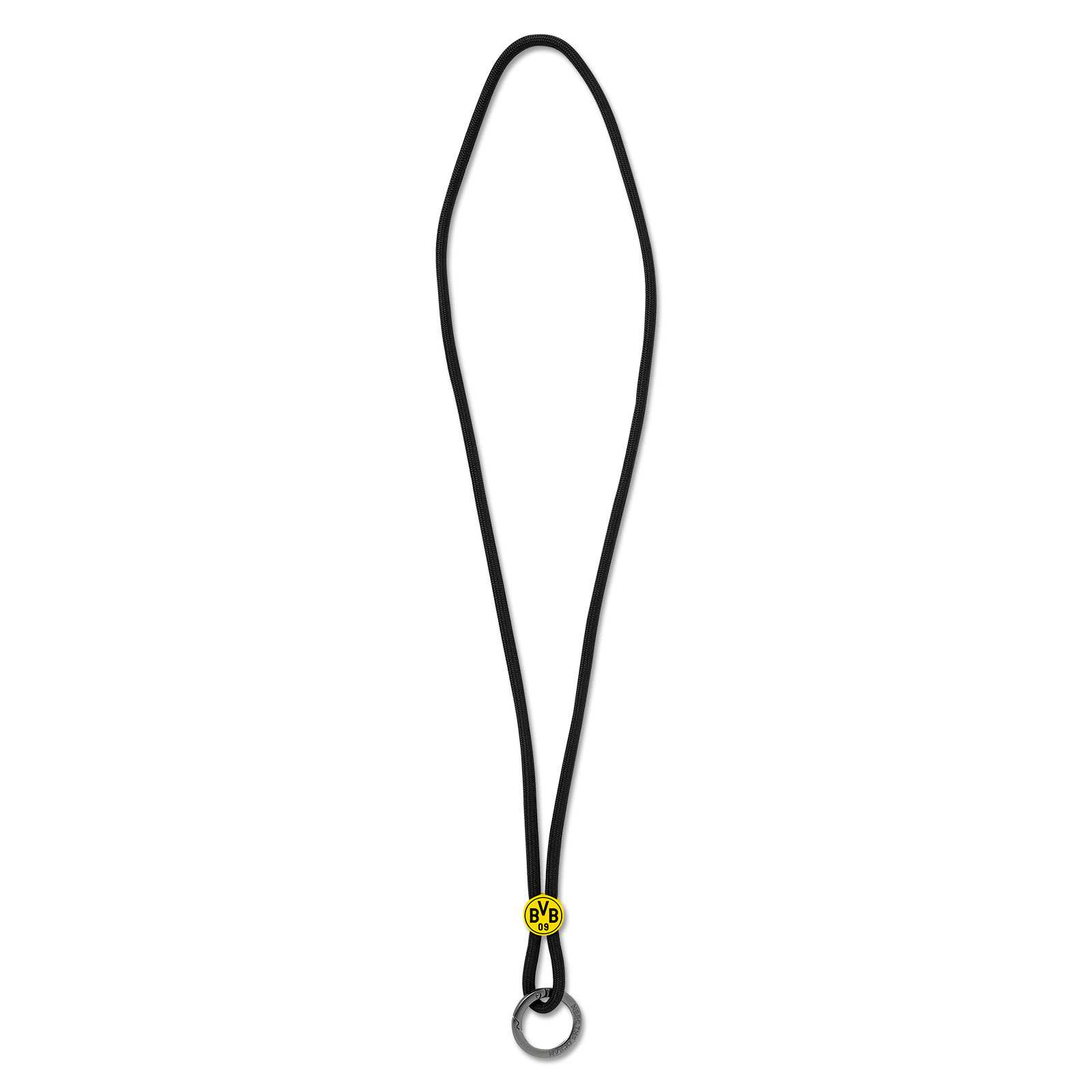 Frontalansicht des schwarzgelben BVB Schlüsselbands MBRC mit rundem BVB-Emblem und silbernem Schlüsselring.