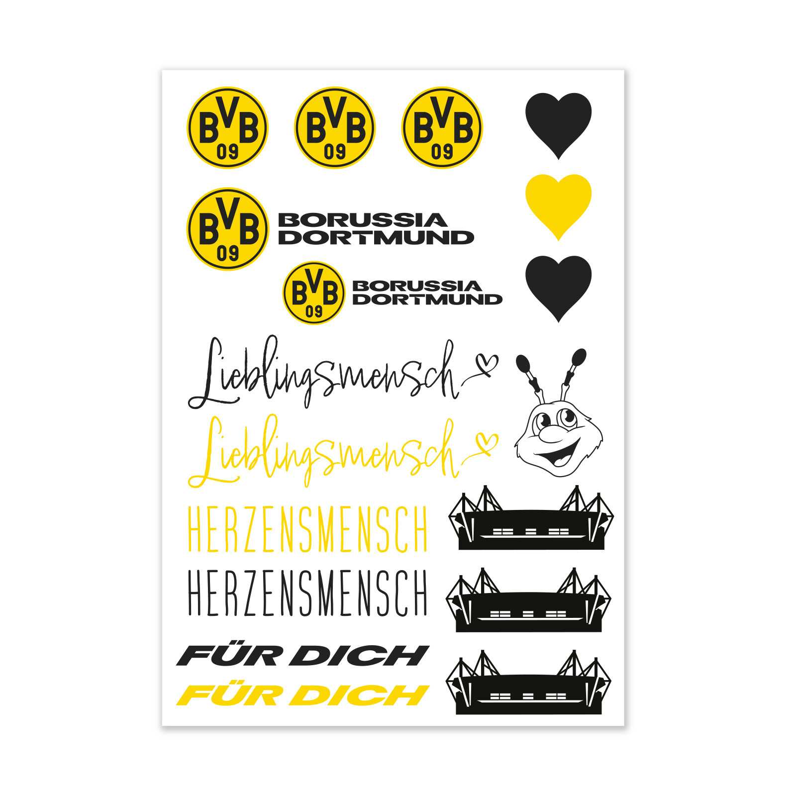 Vorderansicht der BVB Kerzenfolie DIY mit verschiedenen schwarzgelben BVB-Emblemen, Schriftzügen, Herzen, EMMA-Motiv und SIGNAL IDUNA PARK-Grafiken.