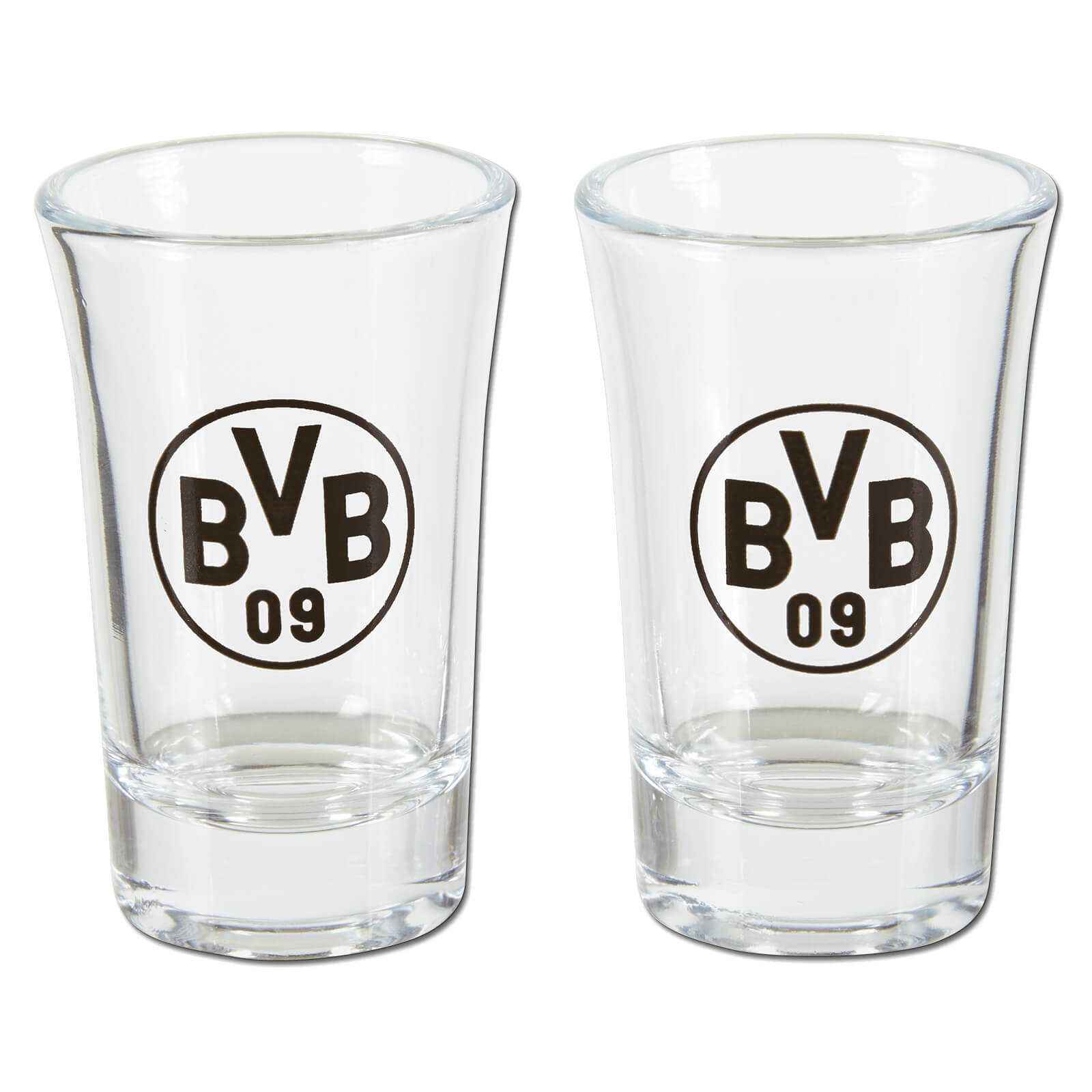 Frontansicht der BVB Pinnchenbank mit zwei klaren Pinnchen, jeweils mit schwarzem BVB-Emblem bedruckt.