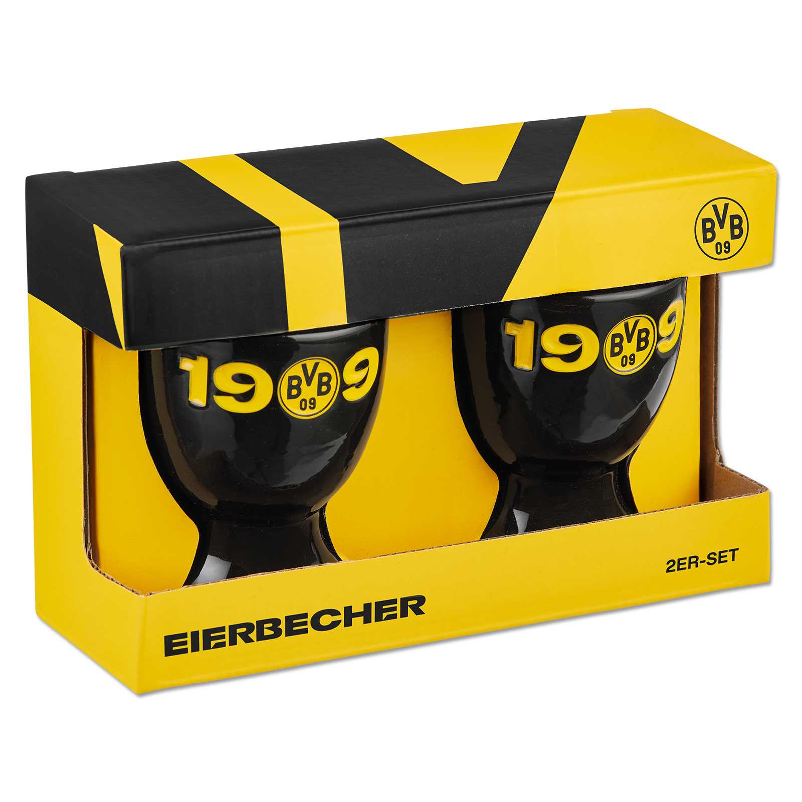 Vorderansicht des BVB 1909 - 2er Set Eierbecher in schwarzgelb mit BVB-Emblem und gelber Jahreszahl "1909" in dekorativer Verpackung.