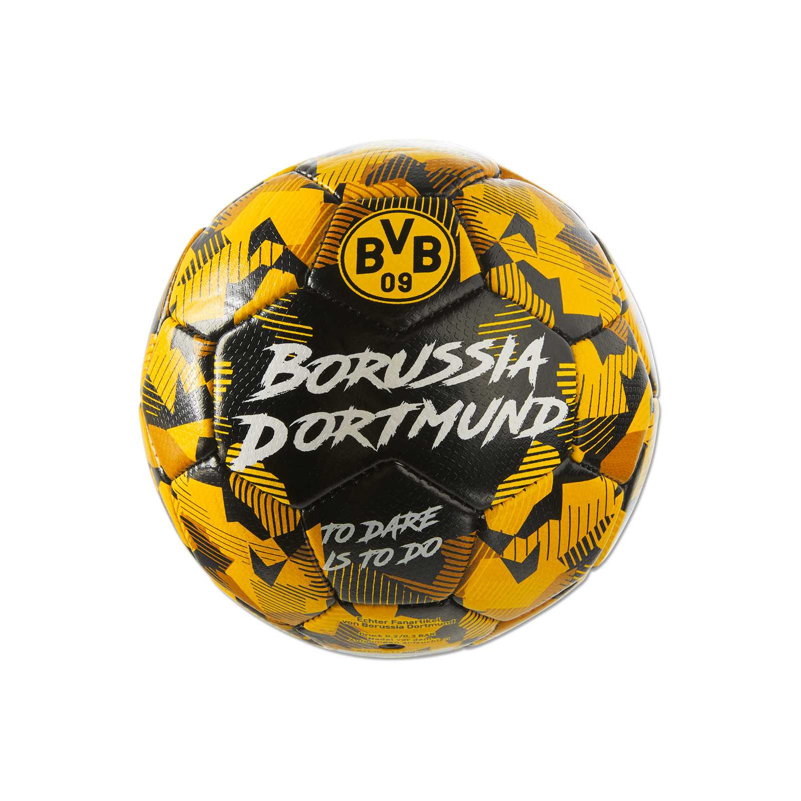 Vorderansicht des BVB Ball Spirit Gr. 1 in schwarzgelbem Design mit BVB-Emblem und großem Borussia Dortmund-Schriftzug.