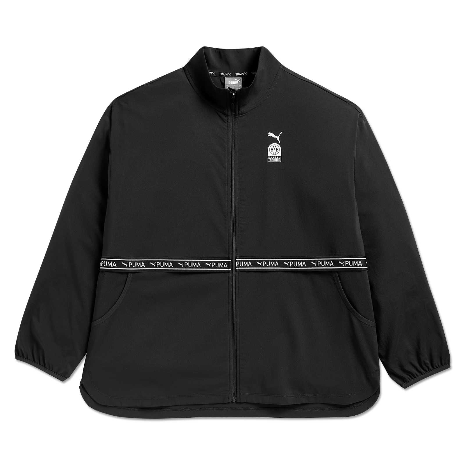 Vorderansicht der BVB x Puma Gym Woven Elastic Jacket Frauen in Schwarz mit BVB-Emblem und Puma-Logo, elastischem Bund mit Puma-Schriftzug.