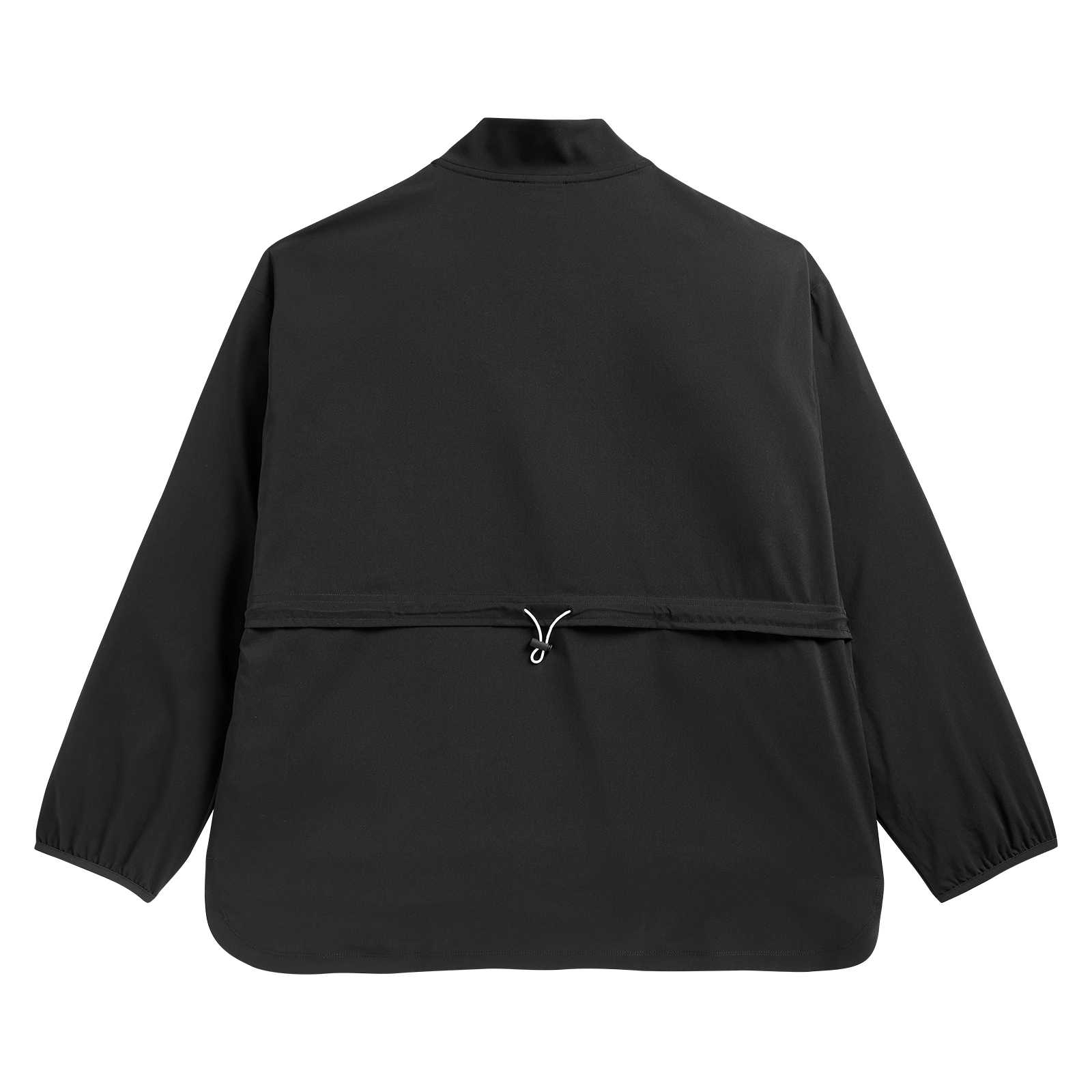 Rückansicht der schwarzgelben BVB x Puma Gym Woven Elastic Jacket Frauen mit elastischem Kordelzug in der Taille, ohne sichtbares BVB-Emblem.