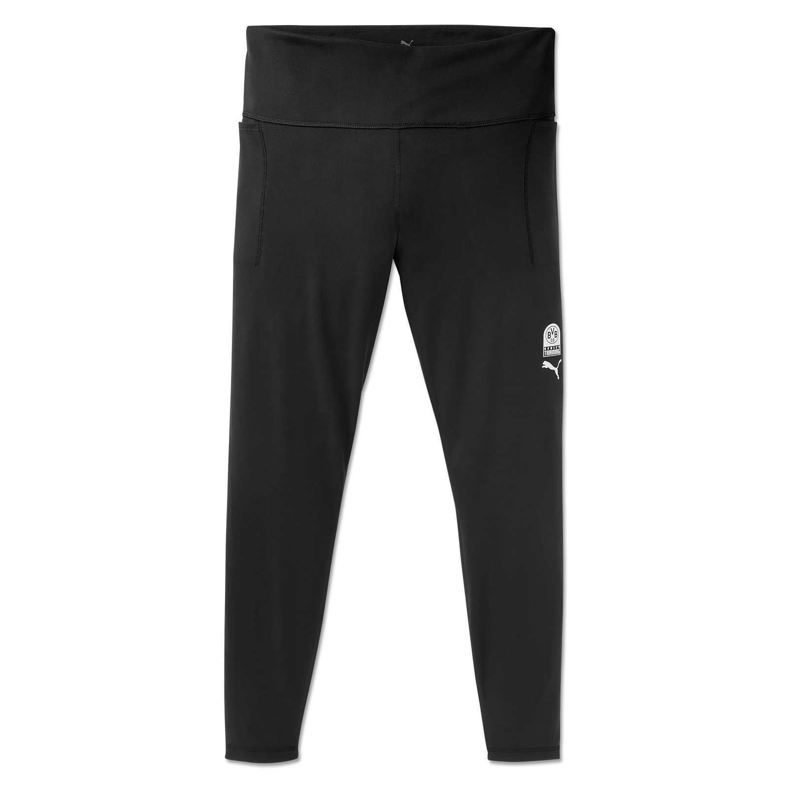 Vorderansicht der schwarzen BVB x Puma Gym Cloudspun Tight Frauen mit weißem BVB-Emblem und Puma-Logo auf dem linken Oberschenkel.
