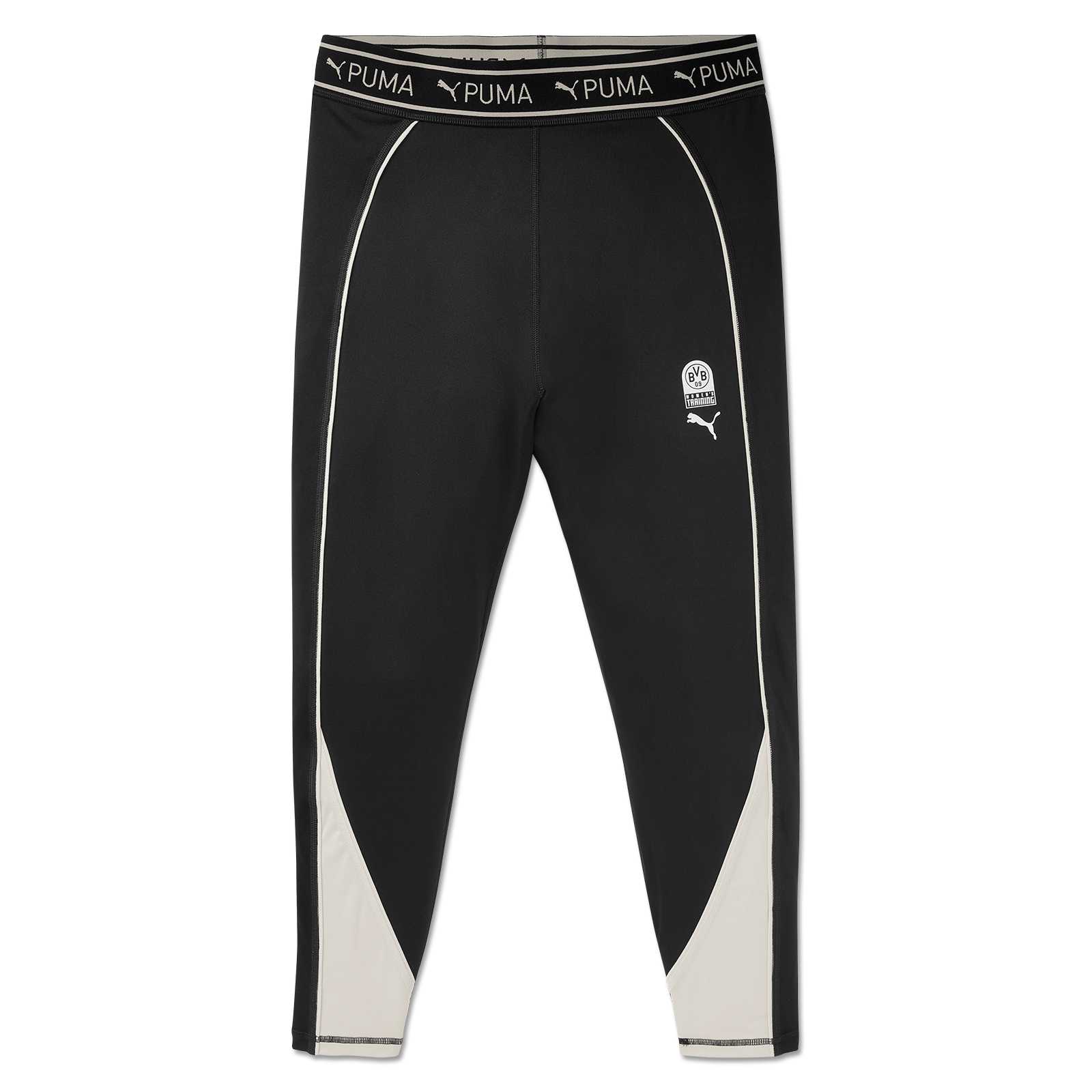 Vorderansicht der schwarz-weißen BVB x Puma Gym Tain Strong 7/8 Tight Frauen mit sichtbarem BVB-Emblem und Puma-Logo auf dem linken Oberschenkel.