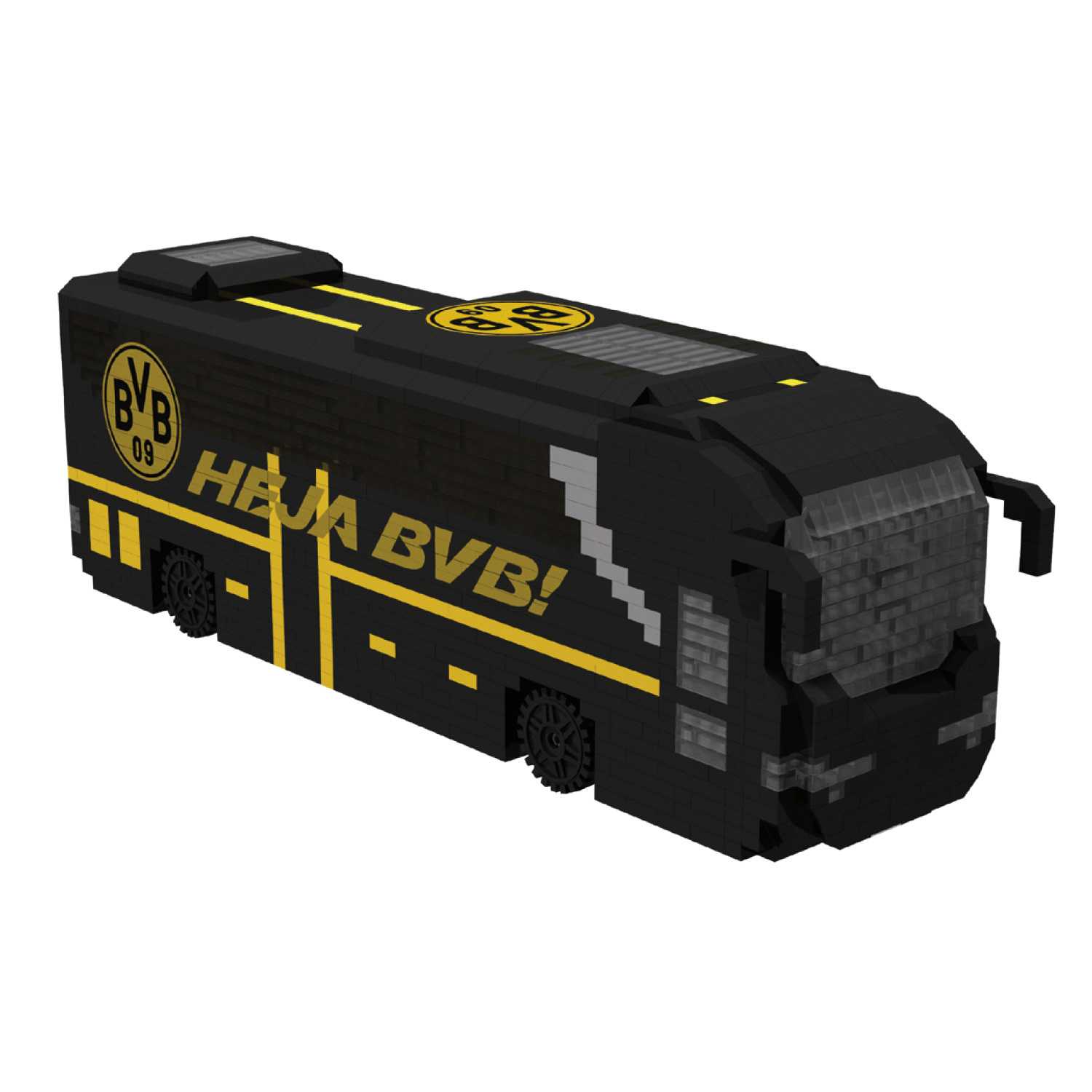 Vorderansicht des schwarzgelben BVB Mannschaftsbus Bausatz, mit großem BVB-Emblem und „HEJA BVB!“ Schriftzug an der Seite sichtbar.
