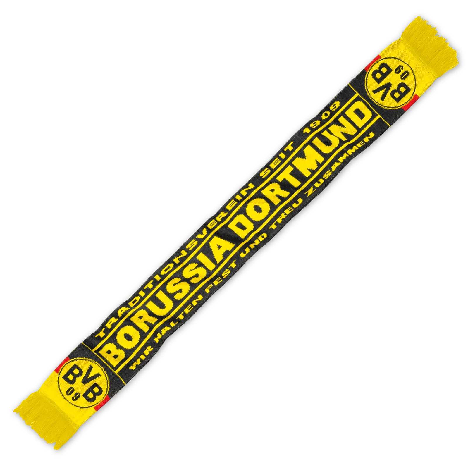 BVB-Schal in schwarzgelb in der Draufsicht mit BVB-Emblem an beiden Enden und großem "Borussia Dortmund"-Schriftzug sowie gelben Fransen.