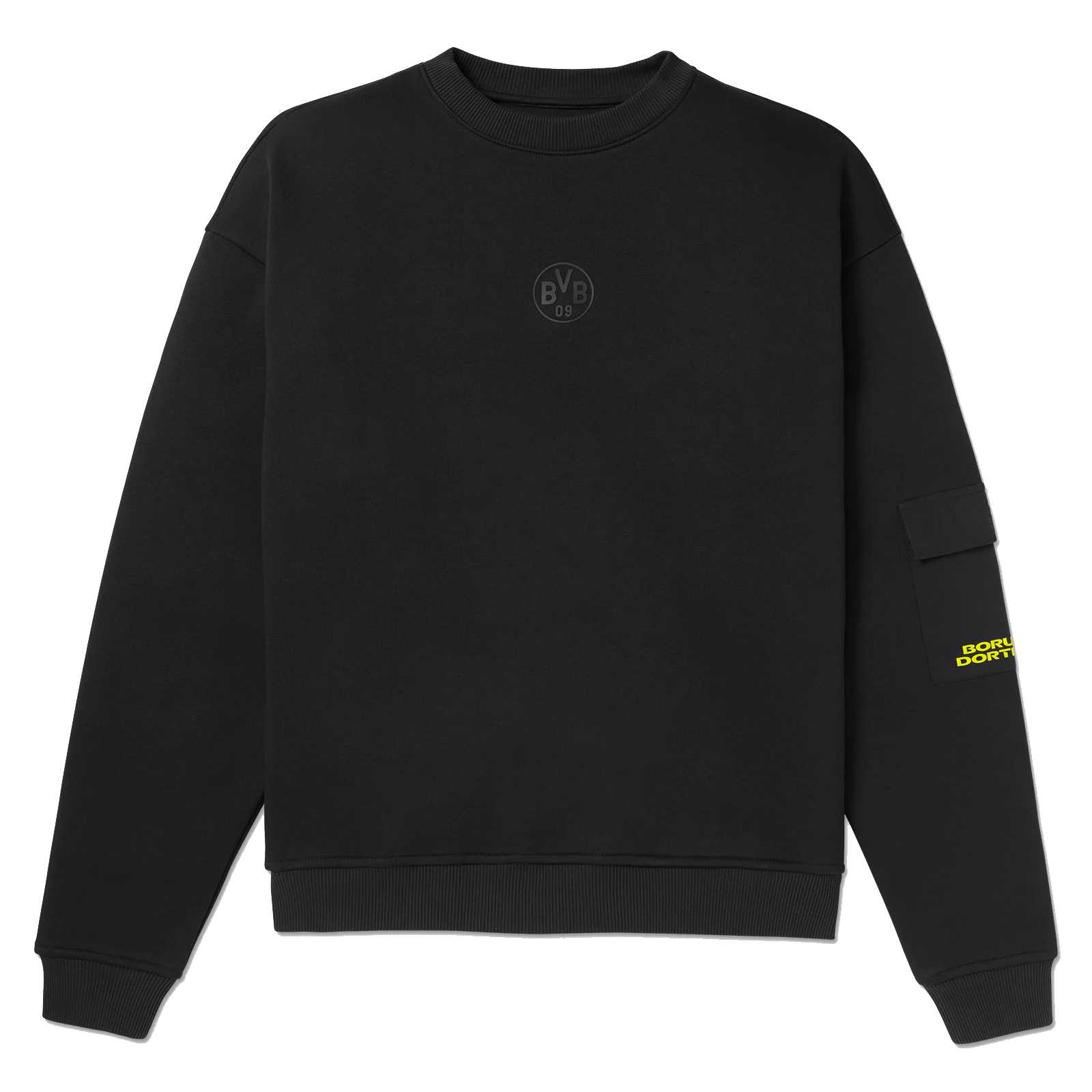 Vorderansicht des schwarzgelben BVB Underground Crewneck mit dezentem BVB-Emblem auf der Brust und gelbem "Borussia Dortmund"-Schriftzug am Ärmel.