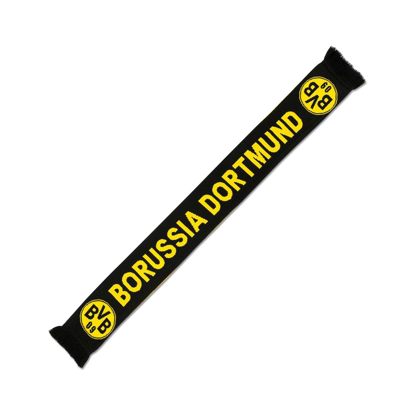 Vorderansicht des schwarzgelben BVB Schal Borussia Dortmund Kinder mit gelber Schrift und BVB-Emblem an beiden Enden.