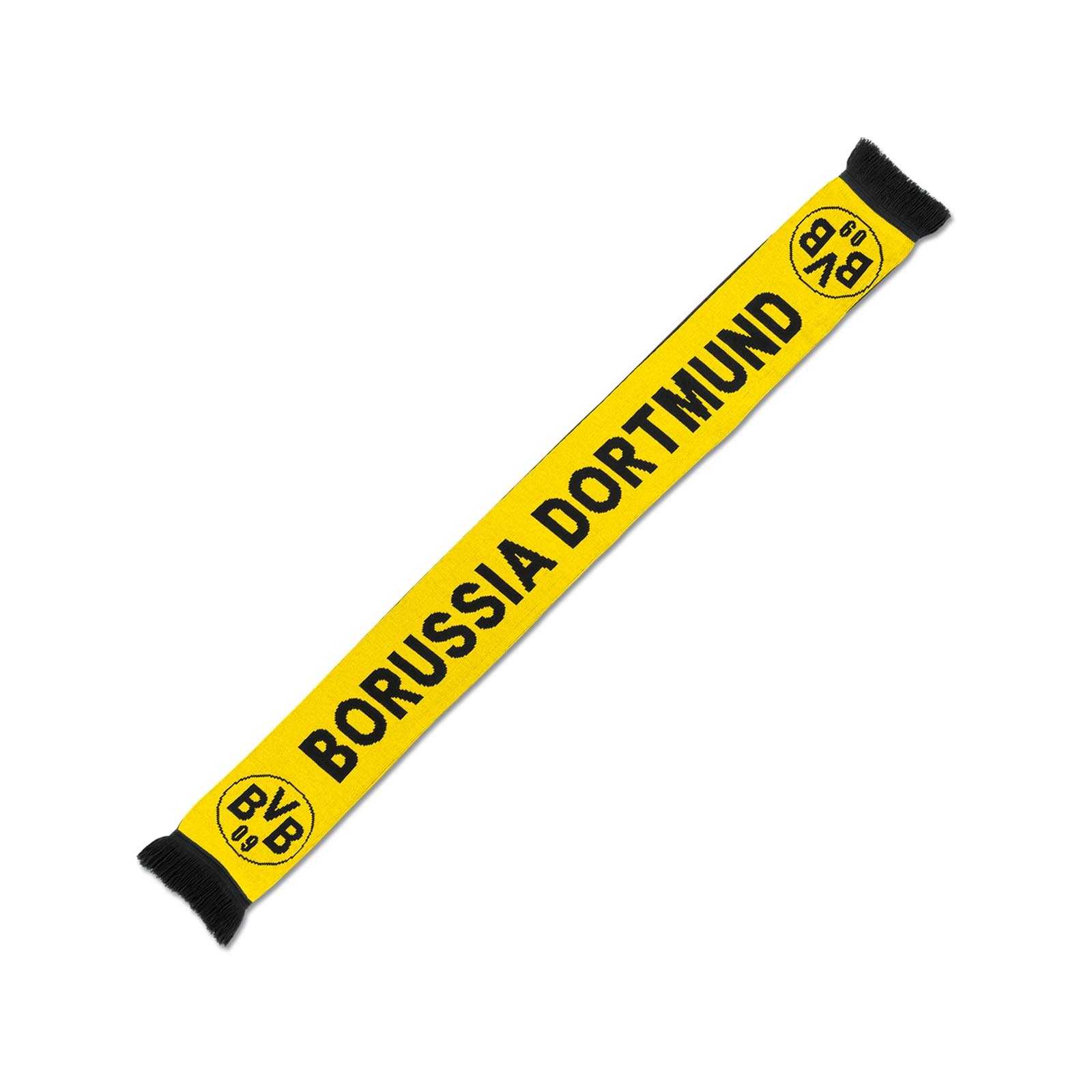 Frontalansicht des gelben BVB Schal Borussia Dortmund Kinder mit schwarzem Schriftzug und zwei BVB-Emblemen an den Enden sowie schwarzen Fransen.