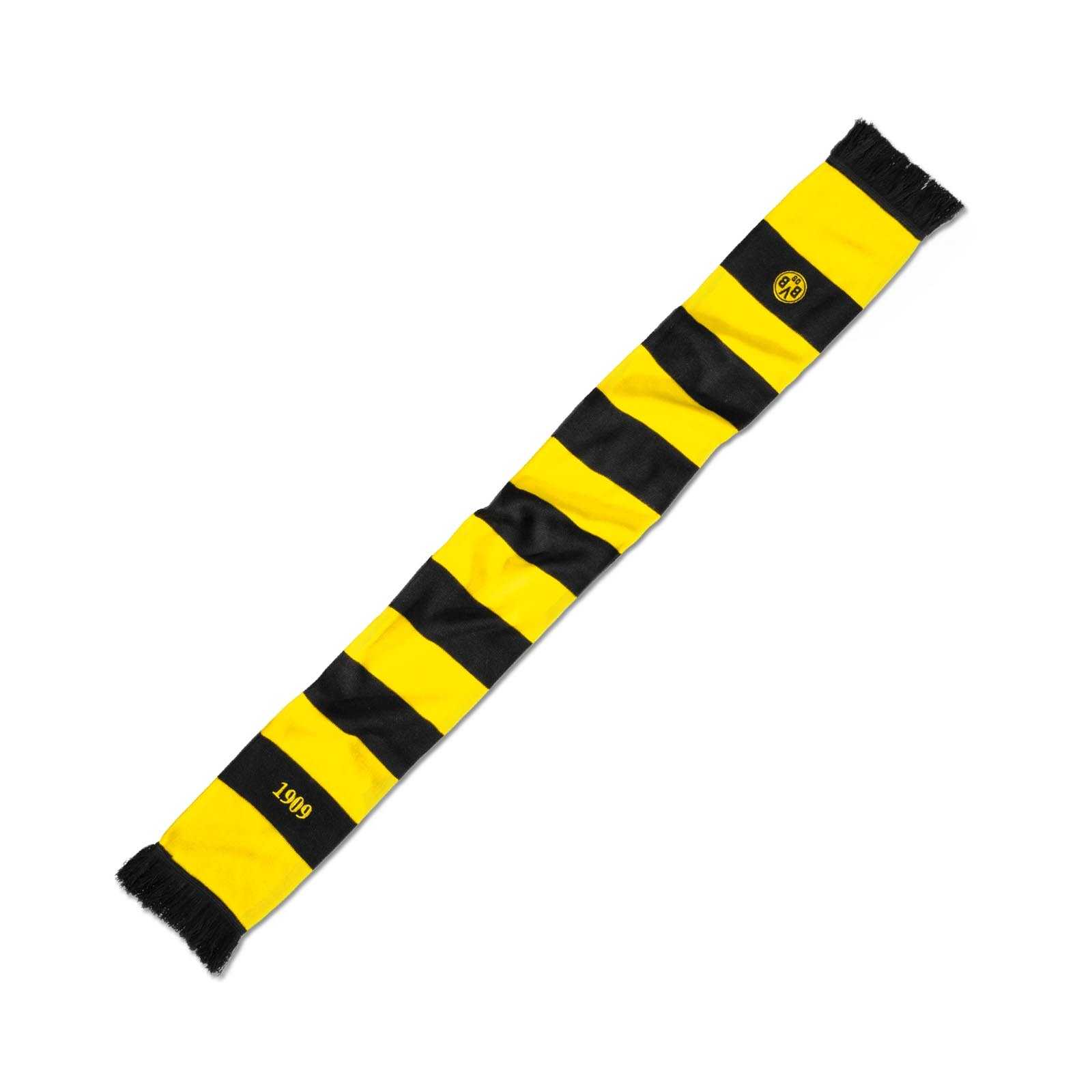 Frontalansicht des BVB Blockstreifenschal Kinder in schwarzgelben Querstreifen mit BVB-Emblem und Jahreszahl 1909.