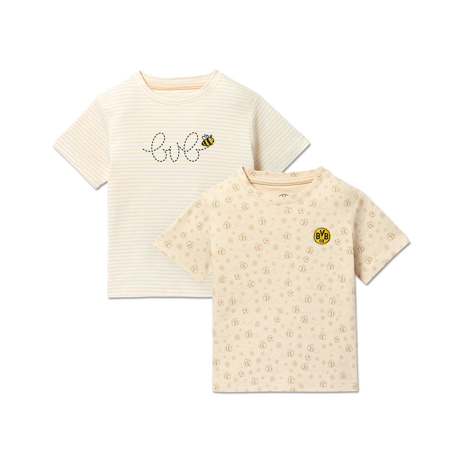 Vorderansicht des BVB T-Shirt-Set Baby mit zwei beigefarbenen Kurzarmshirts; eines mit BVB-Emblem und Bienenmotiven, das andere mit "love" und Biene verziert.