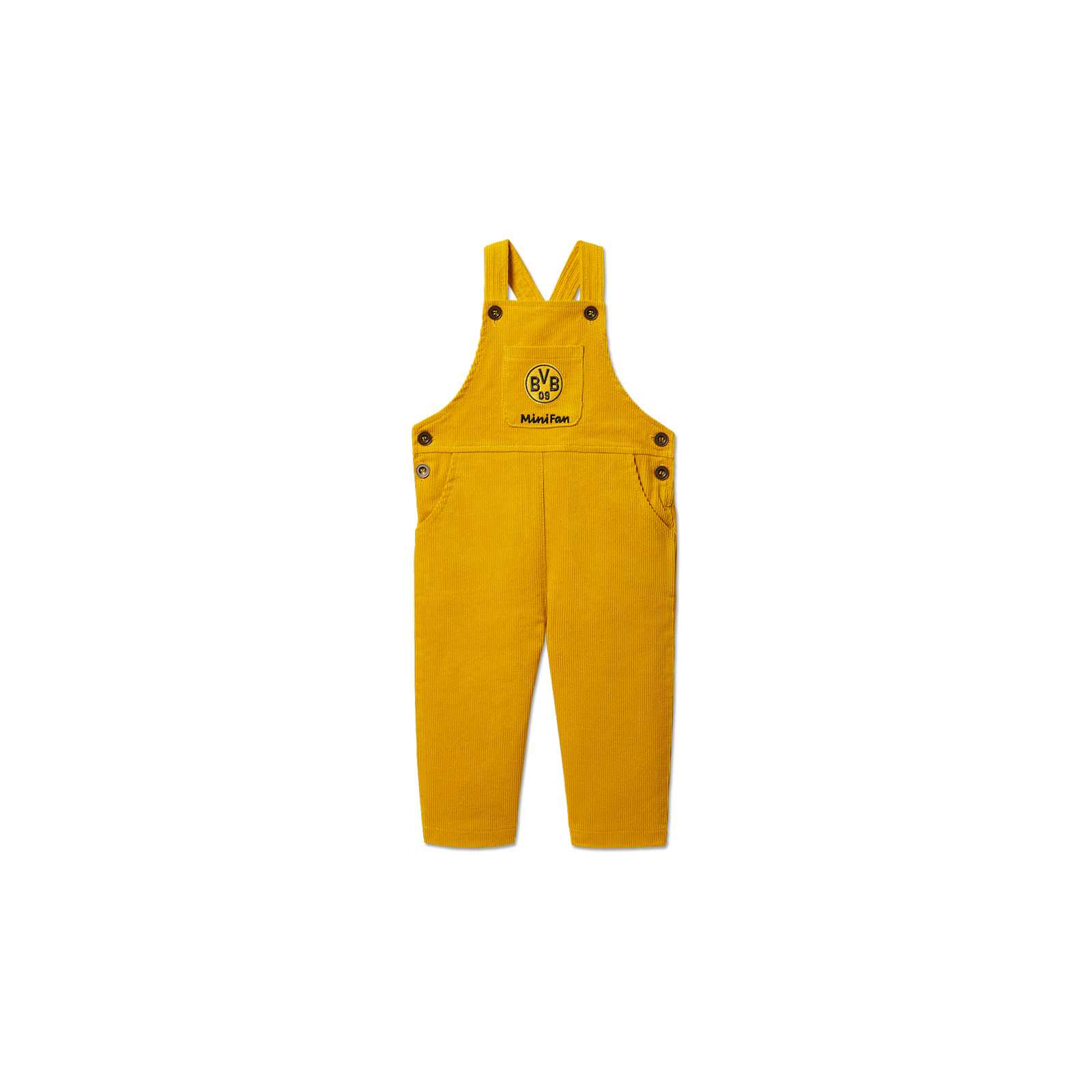 Vorderansicht der gelben BVB Cordhose Baby aus Cord mit BVB-Emblem und „Mini Fan“-Schriftzug auf der Brust. Träger und Knöpfe sind deutlich sichtbar.