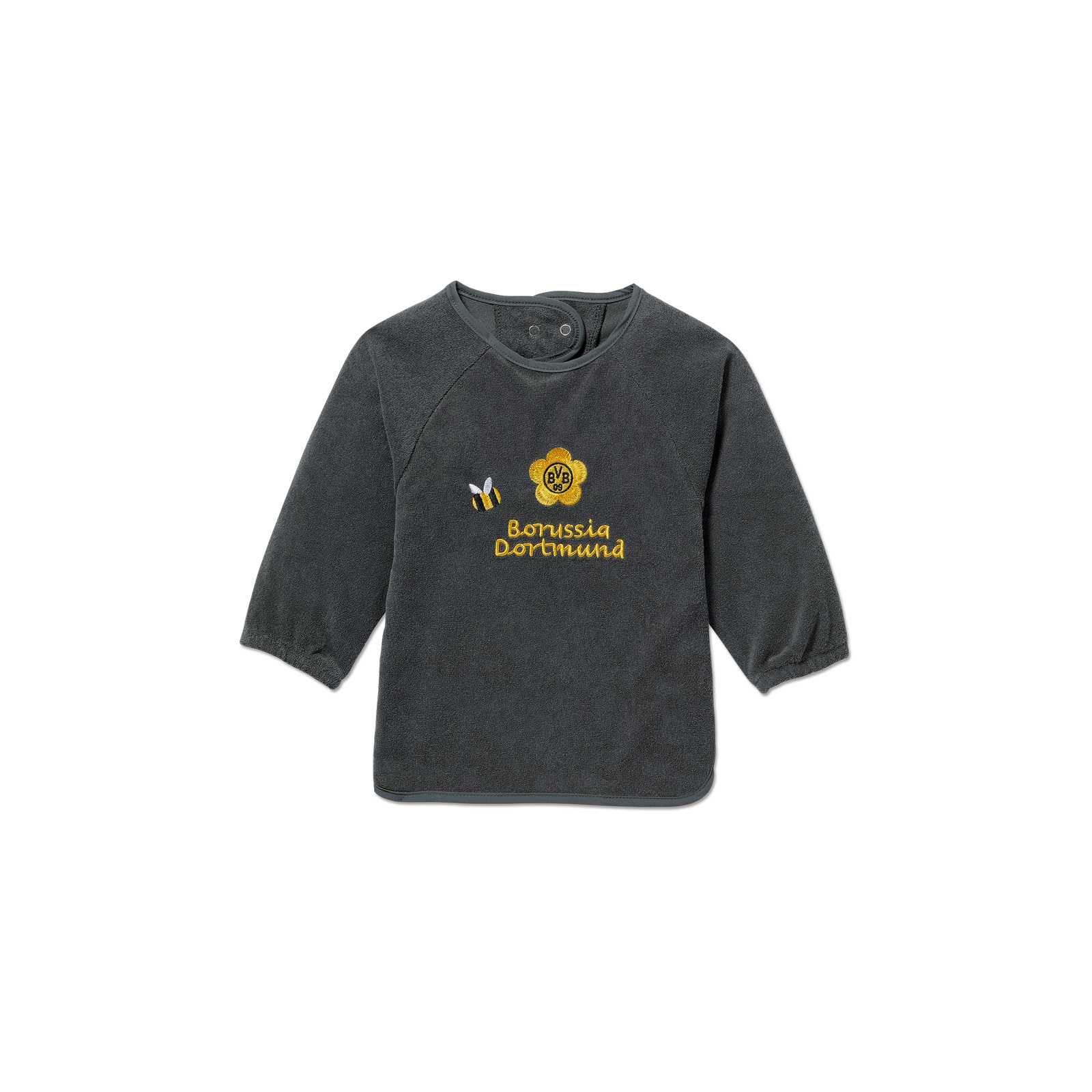Vorderansicht des BVB Lätzchen Baby in dunkelgrau mit langen Ärmeln, gesticktem BVB-Emblem, gelber Schrift „Borussia Dortmund“ und kleiner Biene.