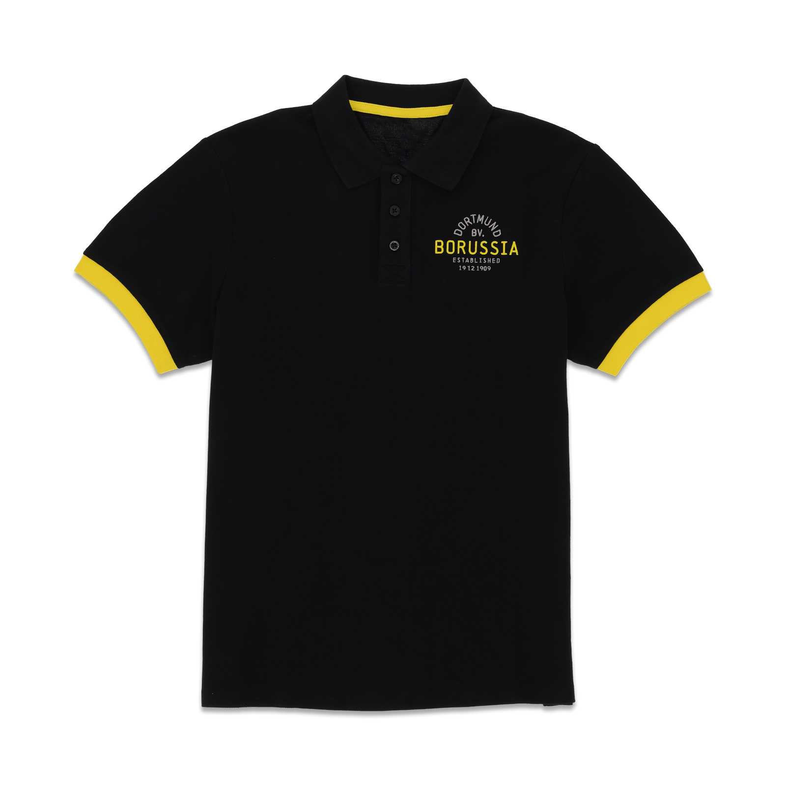 Vorderansicht des BVB Explorer Poloshirts schwarz mit gelbem Muster an Krageninnenseite und Ärmelsäumen, Schriftzug „Borussia“ auf der Brust.