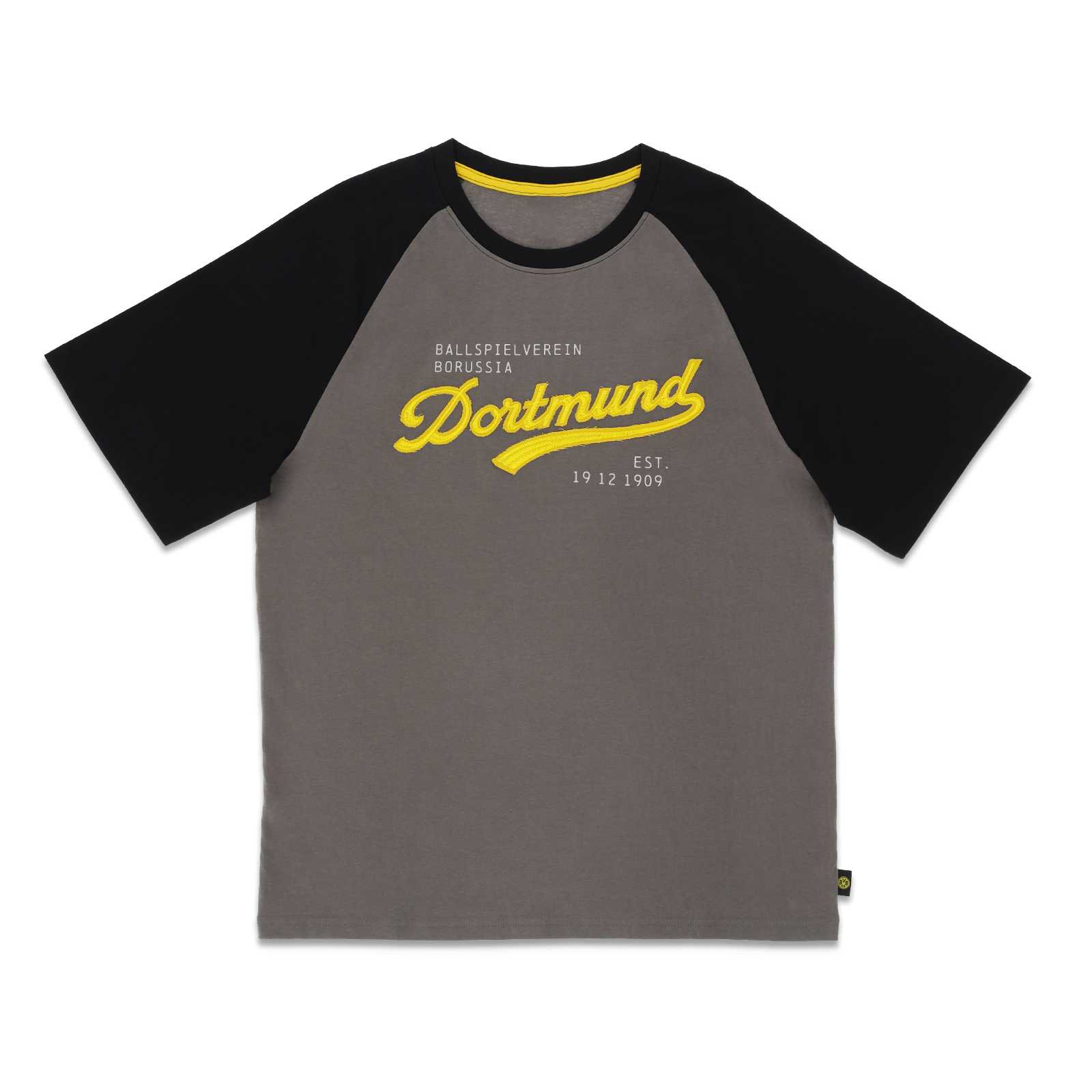 Vorderansicht des BVB Explorer T-Shirts in grau mit schwarzen Ärmeln, gelbem „Dortmund“-Schriftzug und BVB-Details auf der Brust.