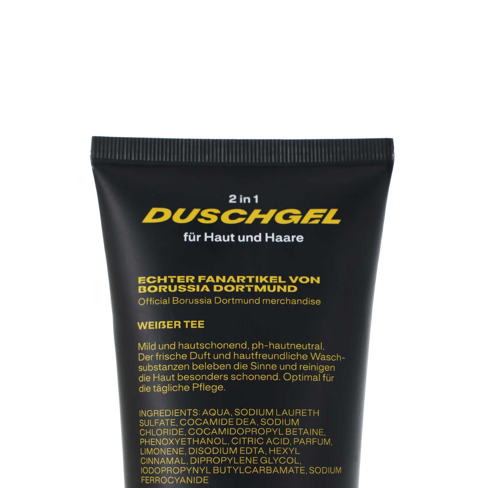 Vorderansicht der schwarzgelben Tube "Duschgel Beste Mama" von Borussia Dortmund mit BVB-Branding und gelber Schrift, Produkttext gut lesbar.