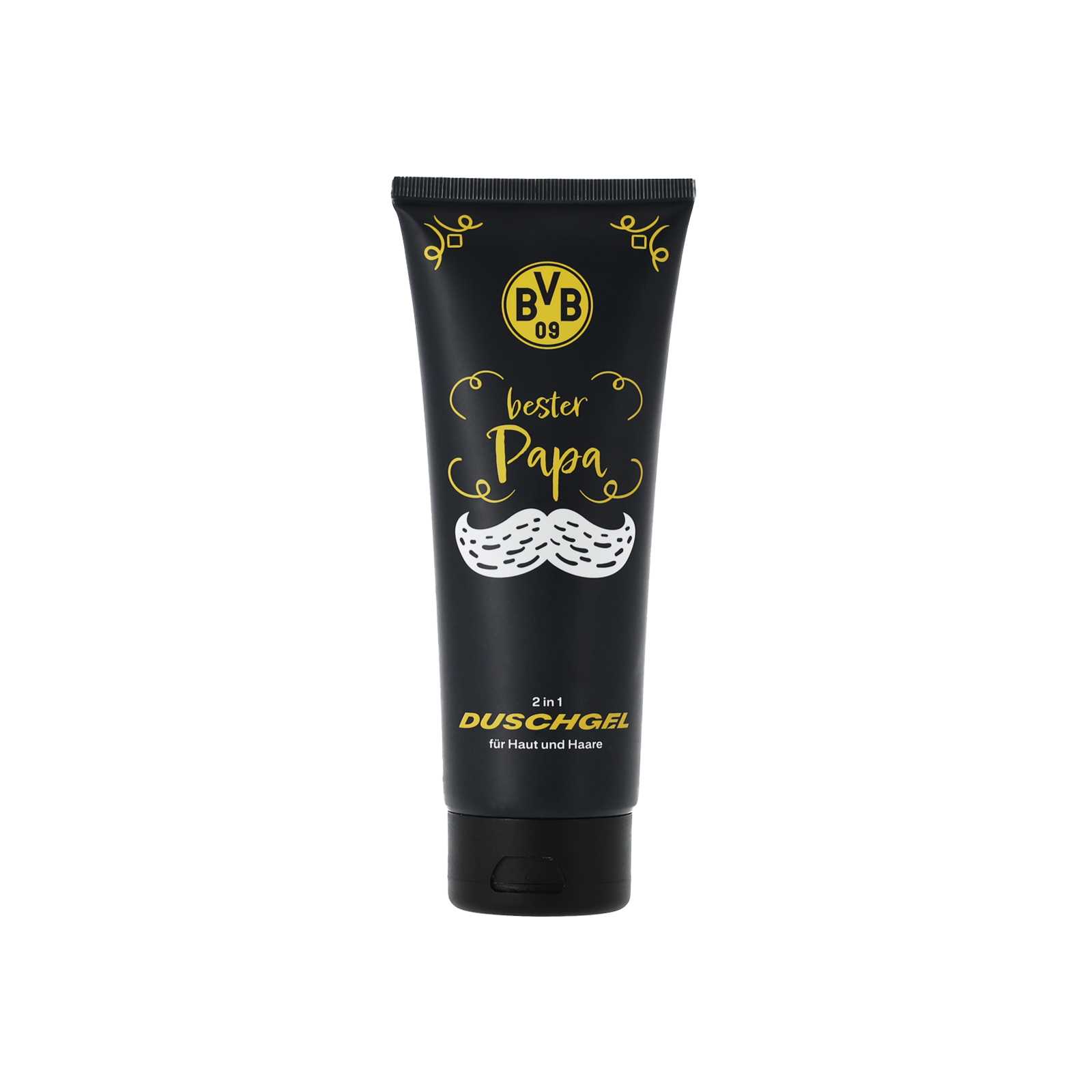 Vorderansicht des schwarzgelben BVB-Duschgels "Bester Papa" mit BVB-Emblem und gelber Schrift auf schwarzer Tube.