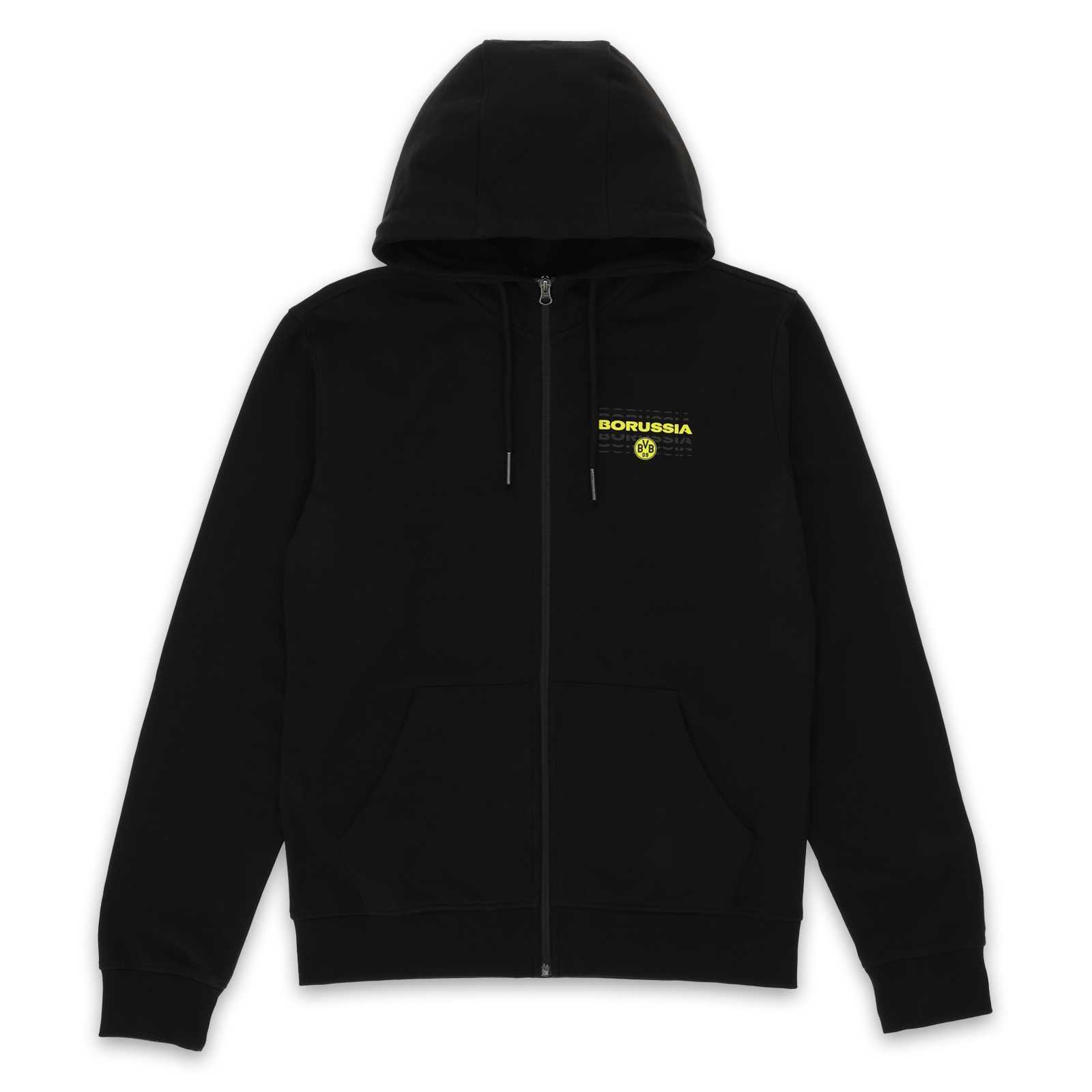 Vorderansicht der BVB Sweatjacke black & neon in Schwarz mit Kapuze und neonfarbenem BVB-Emblem sowie "Borussia"-Schriftzug auf der Brust.