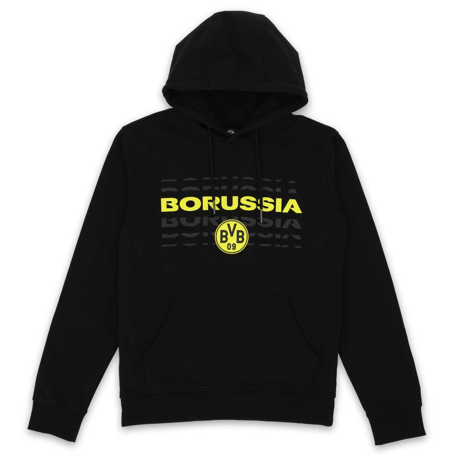 Vorderansicht des BVB Hoodie black & neon in schwarz mit neon-gelbem "BORUSSIA"-Schriftzug und BVB-Emblem auf der Brust.