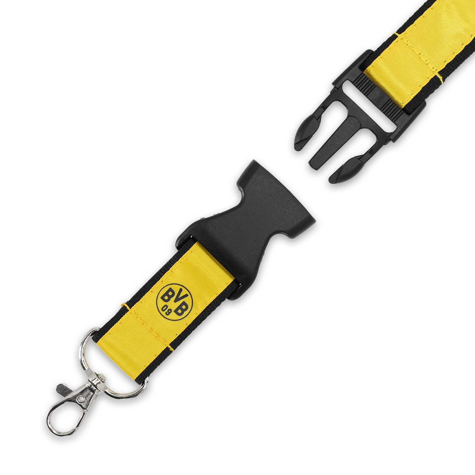 Vorderansicht des schwarzgelben BVB Schlüsselband Schriftzug mit BVB-Emblem, Metallkarabiner und schwarzer Klickverschluss.