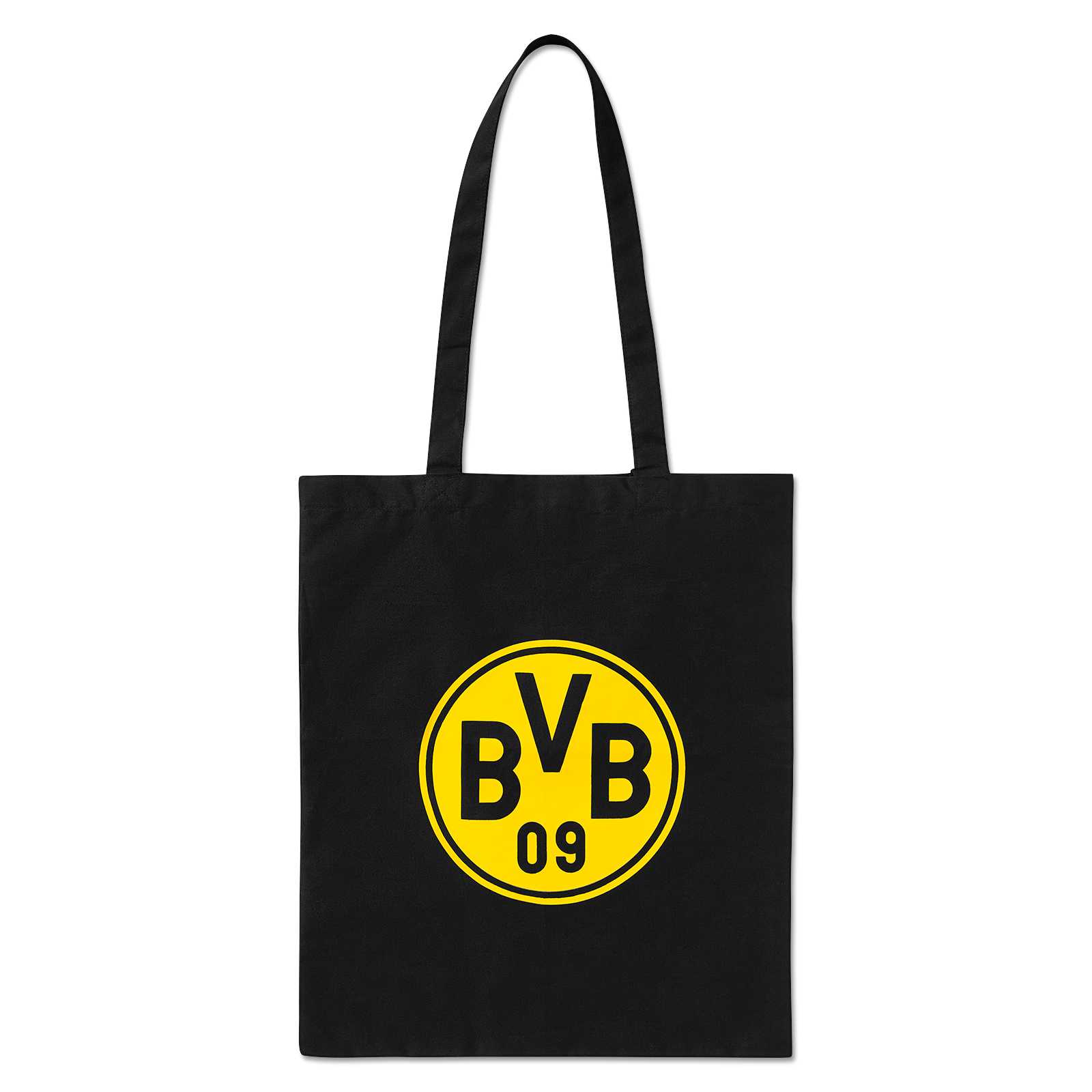 Vorderansicht der BVB Baumwoll-Tragetasche in schwarz mit großem gelbem BVB-Emblem mittig auf der Tasche.