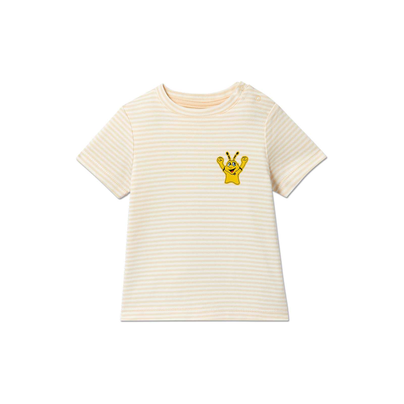 Vorderansicht des gestreiften T-Shirts in beige mit kleiner EMMA auf der linken Brust.