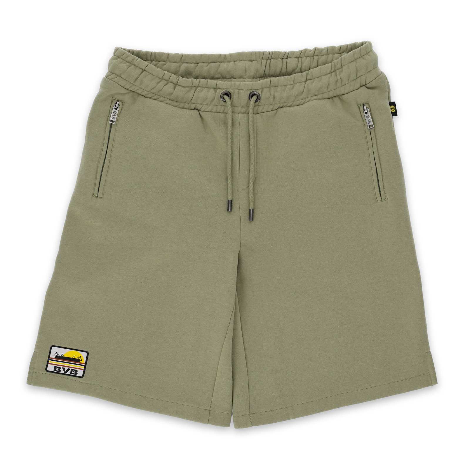 Vorderansicht der olivgrünen BVB Sunrise Sweatshorts mit elastischem Bund, Kordelzug und BVB-Emblem im Sunrise-Design am linken Bein.