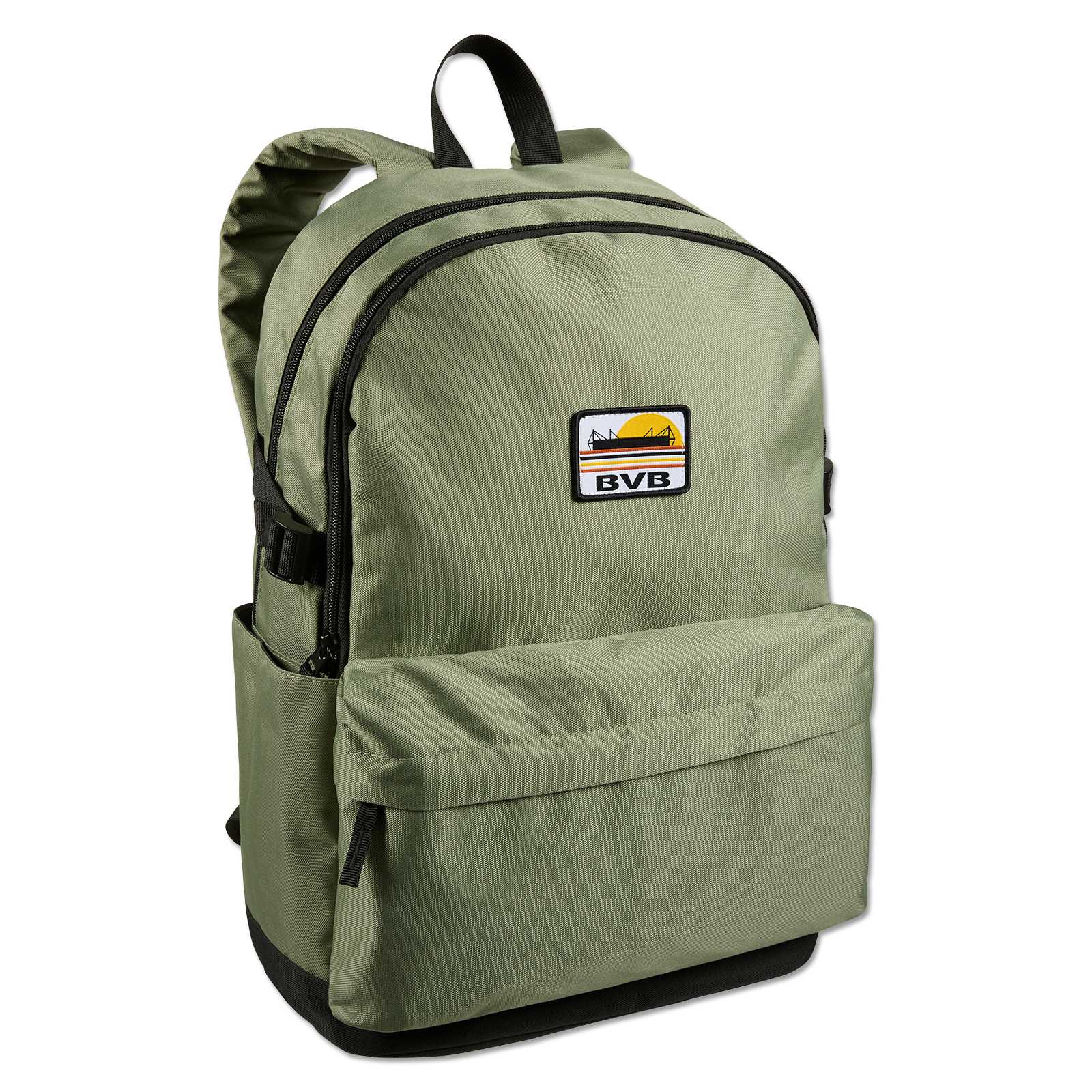 Vorderansicht des olivgrünen BVB Sunrise Rucksack mit schwarzem Boden und Reißverschlüssen, BVB-Emblem mit Sonnenaufgangsmotiv vorn sichtbar.
