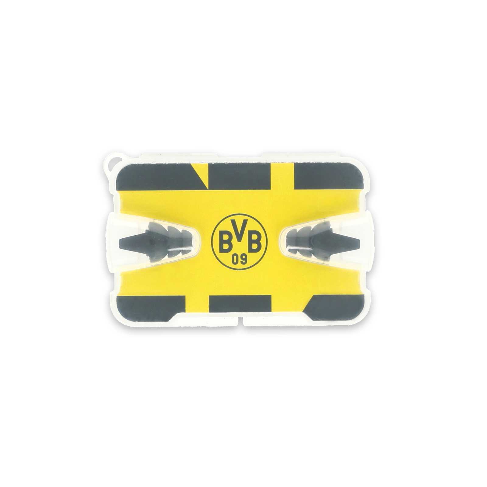Frontansicht des BVB Gehörschutz In-Ear Gr. L in schwarzgelber Box mit zentral platziertem BVB-Emblem, Ohrstöpsel sichtbar im Etui.