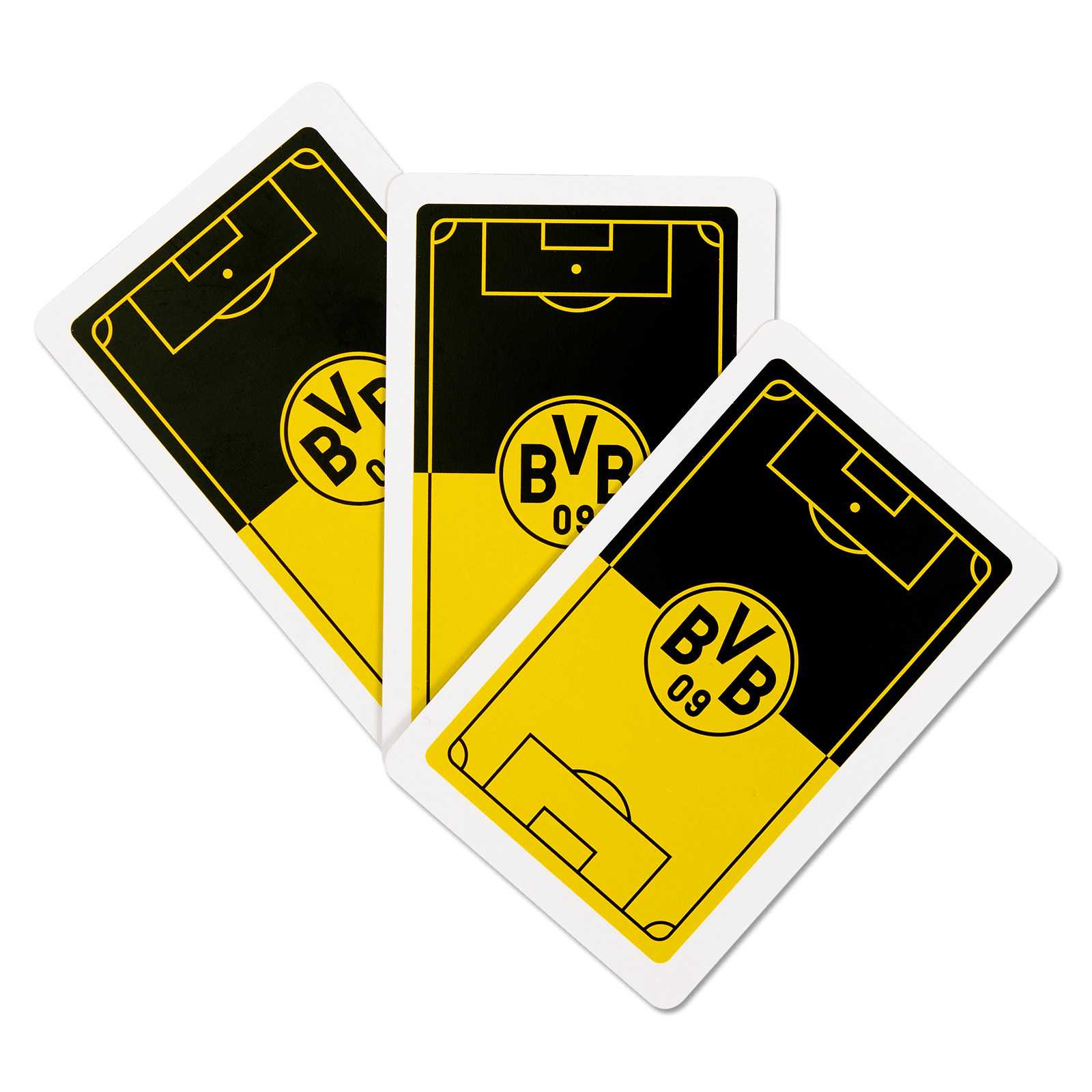 Abbildung der Rückseiten von drei Karten des BVB-Skatspiels mit einem stilisierten Spielfeld und BVB-Emblem