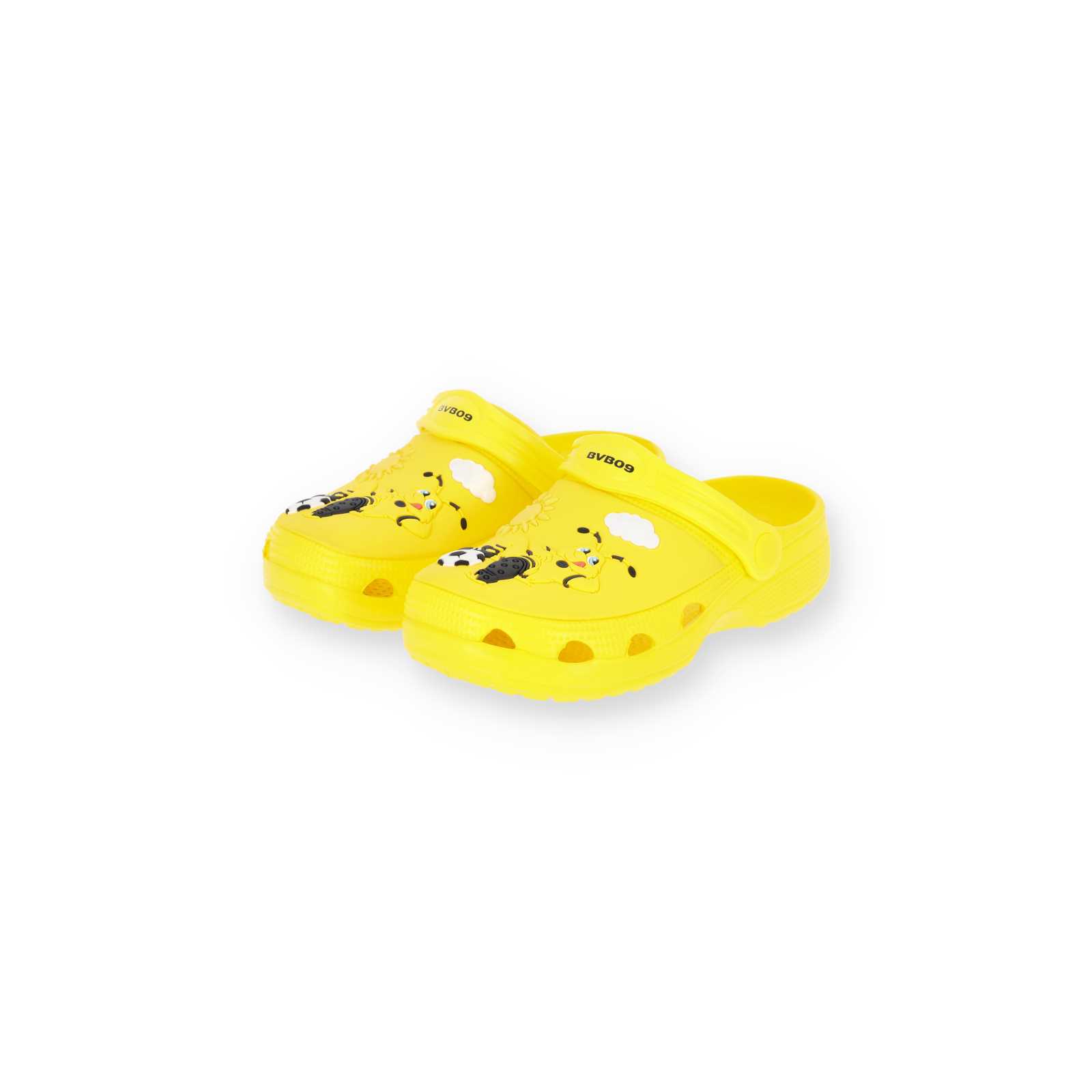 Vorderansicht der gelben BVB Clogs Kinder mit EMMA-Motiv und schwarzgelben Details, seitlichem BVB-Schriftzug und kinderfreundlichem Design.