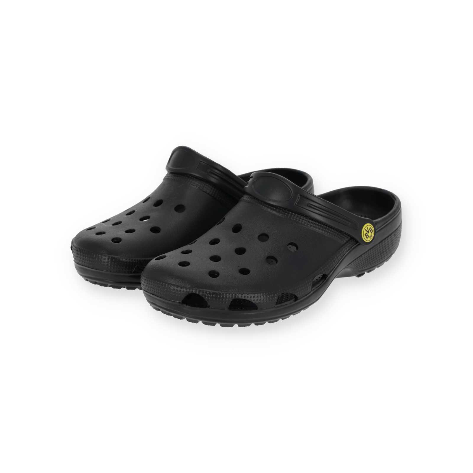 Vorderansicht der schwarzgelben BVB Clogs Logo mit seitlichem BVB-Emblem auf schwarzem Grund und typischen Belüftungslöchern.