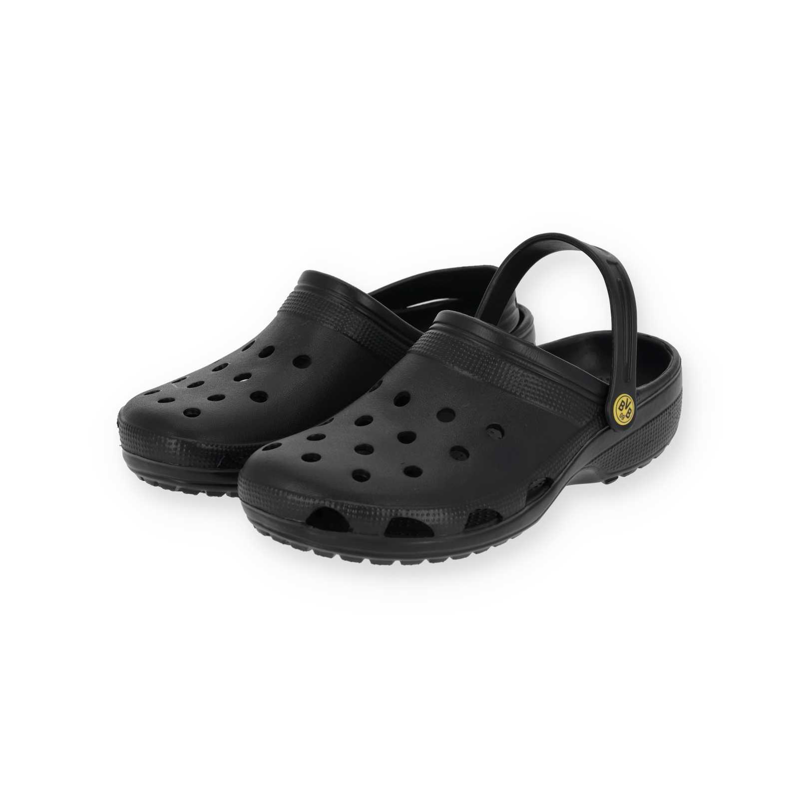 Vorderansicht der BVB Clogs Logo in Schwarz mit seitlichem BVB-Emblem und klassischem Lochdesign.