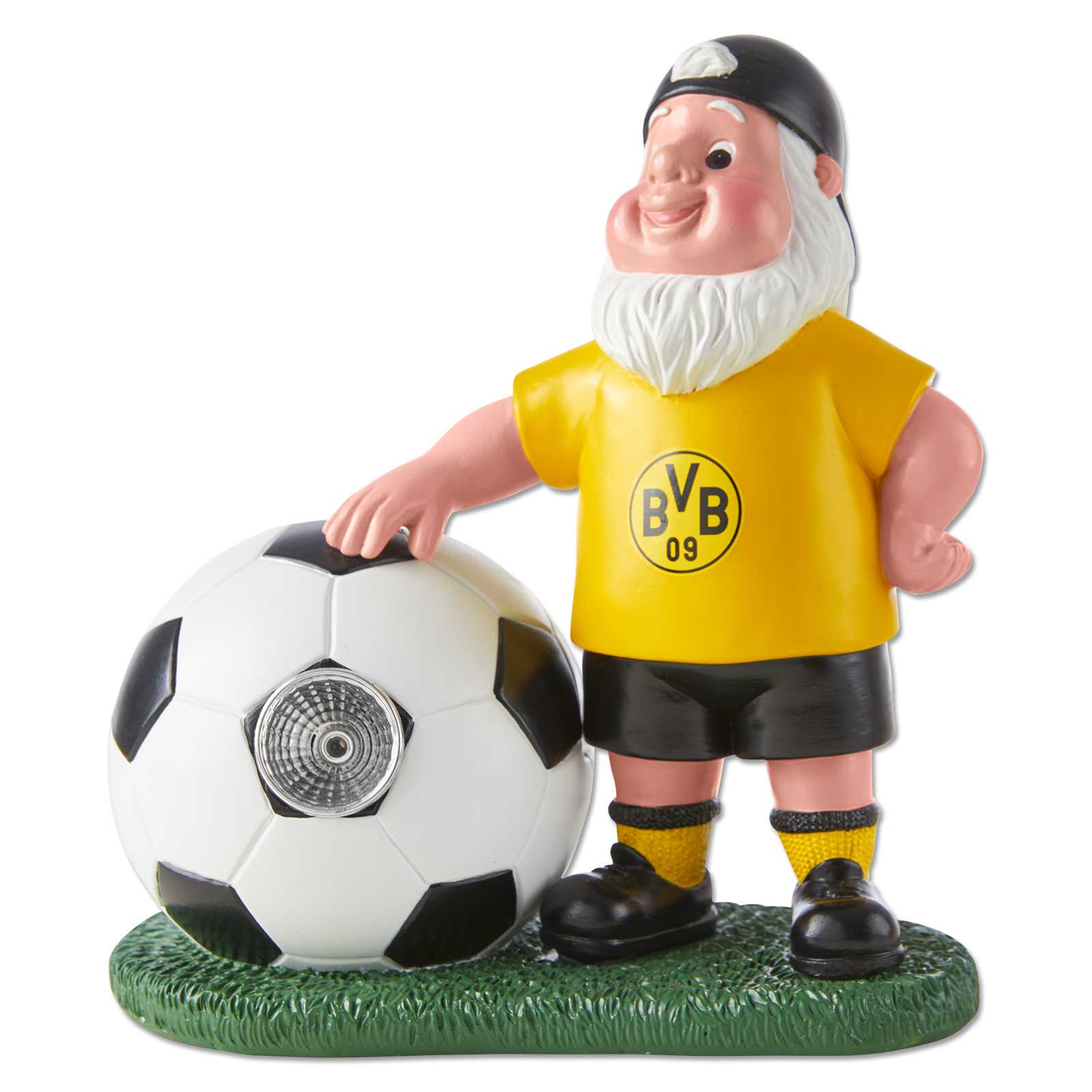 Frontansicht des BVB Gartenzwergs mit LED Ball, im schwarzgelben Outfit mit BVB-Emblem auf dem Trikot, ein Arm lehnt am Fußball.