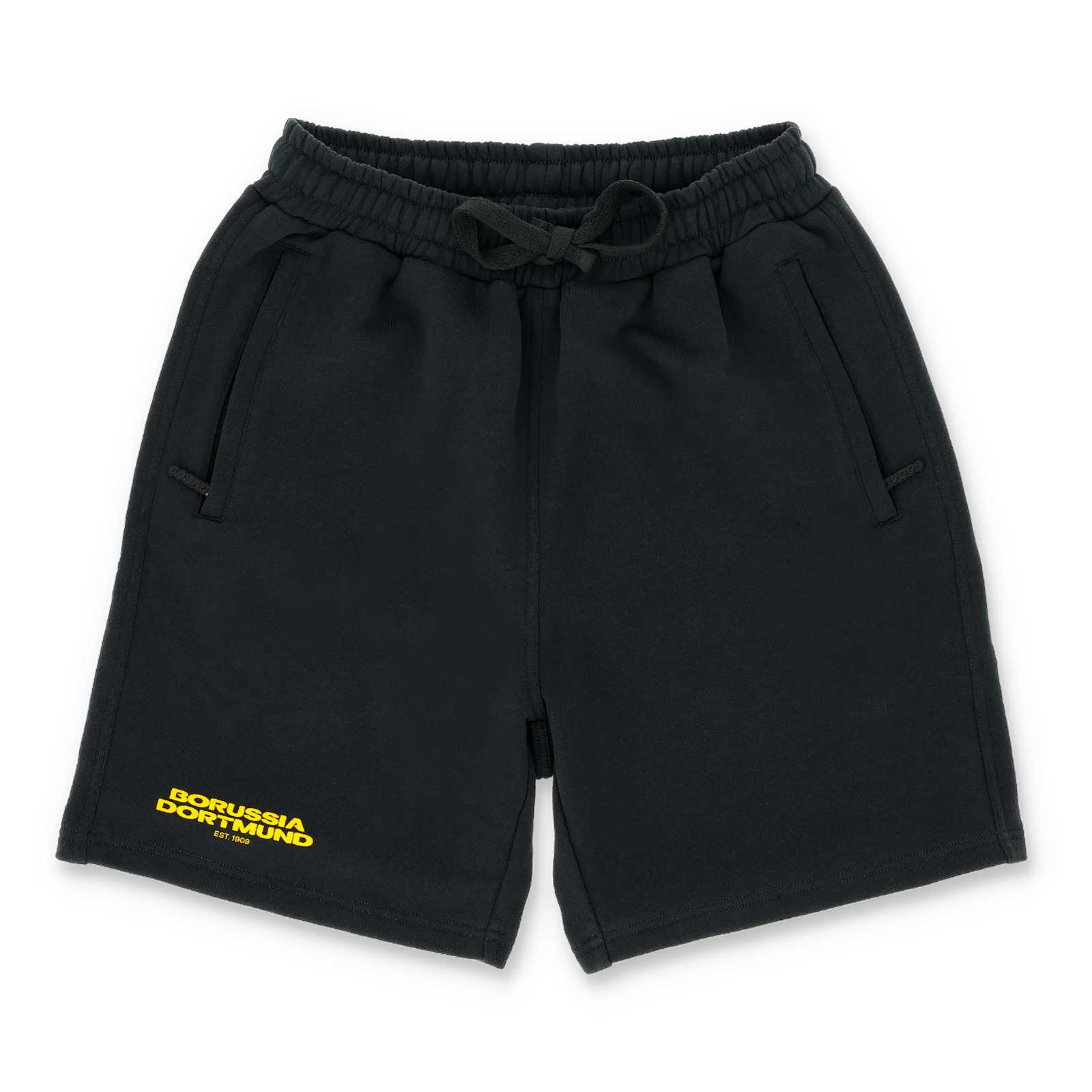 Vorderansicht der BVB Urban Shorts anthrazit 2025 mit gelbem Borussia Dortmund Schriftzug am Bein und elastischem Bund mit Kordelzug.