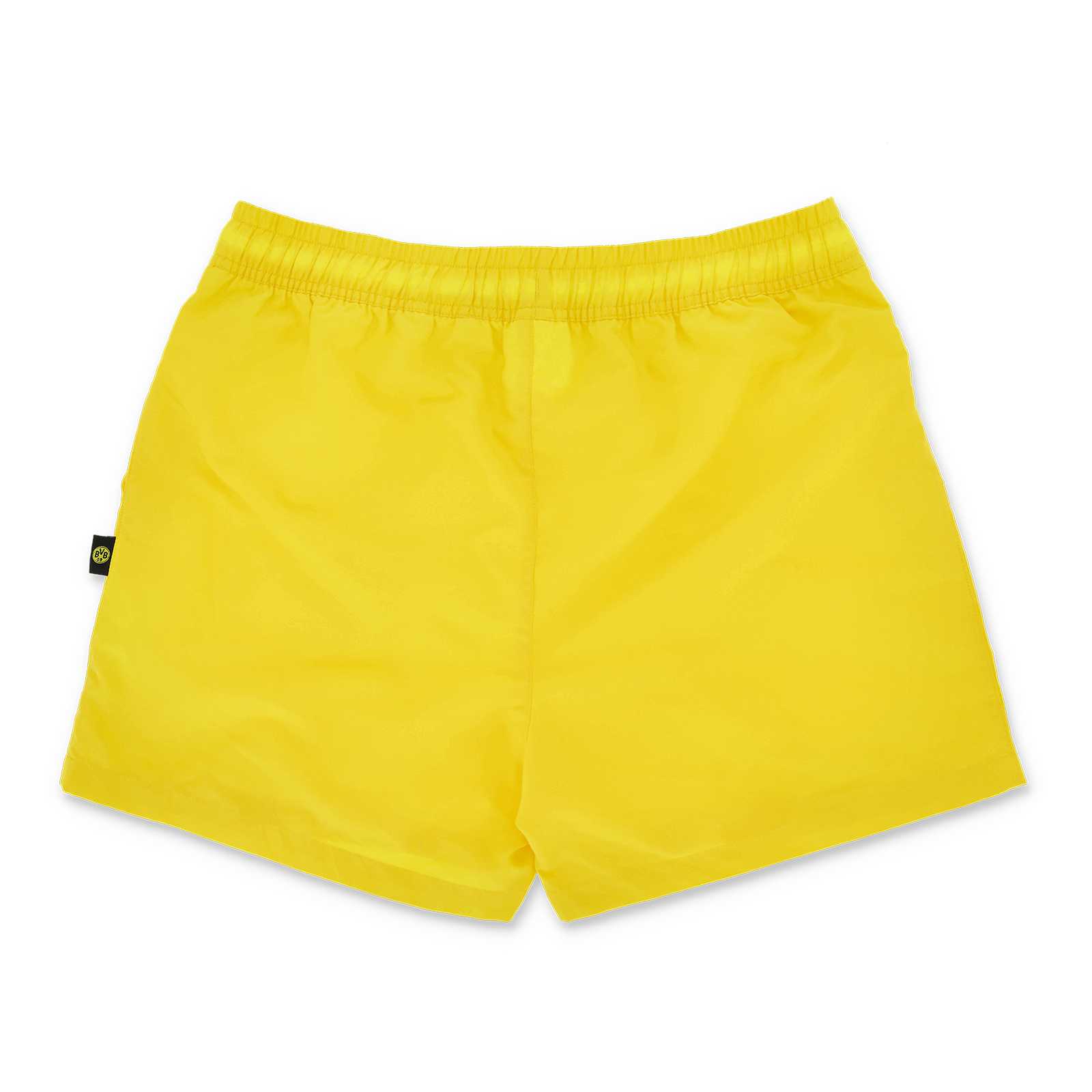 Rückansicht der knallgelben Reactive Badehose Herren mit elastischem Bund und kleinem seitlichem Etikett mit BVB-Emblem.