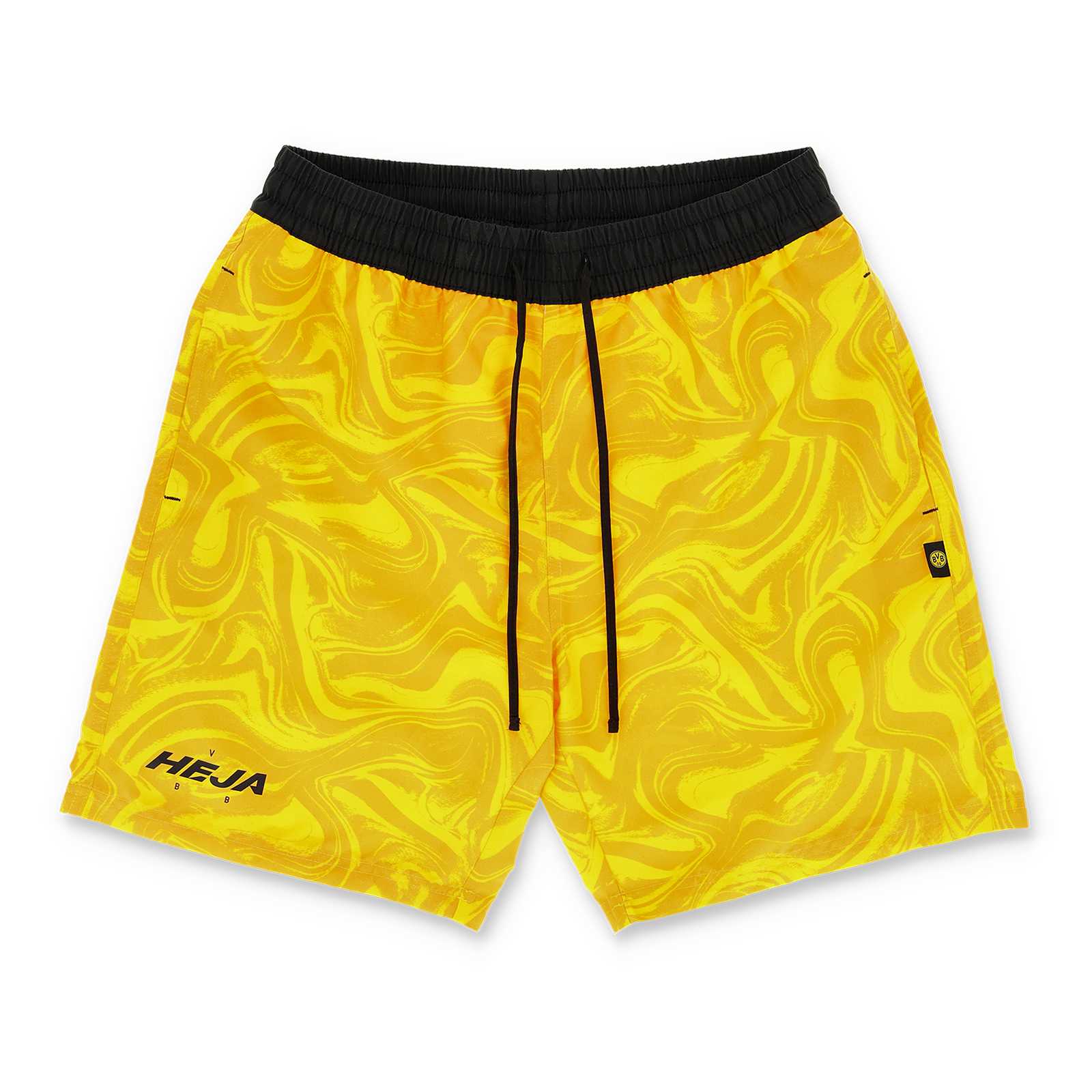 Vorderansicht der BVB Festival Shorts in gelbem Marmor-Design mit schwarzem Bund, Kordeln und kleinem BVB-Emblem am Bein.