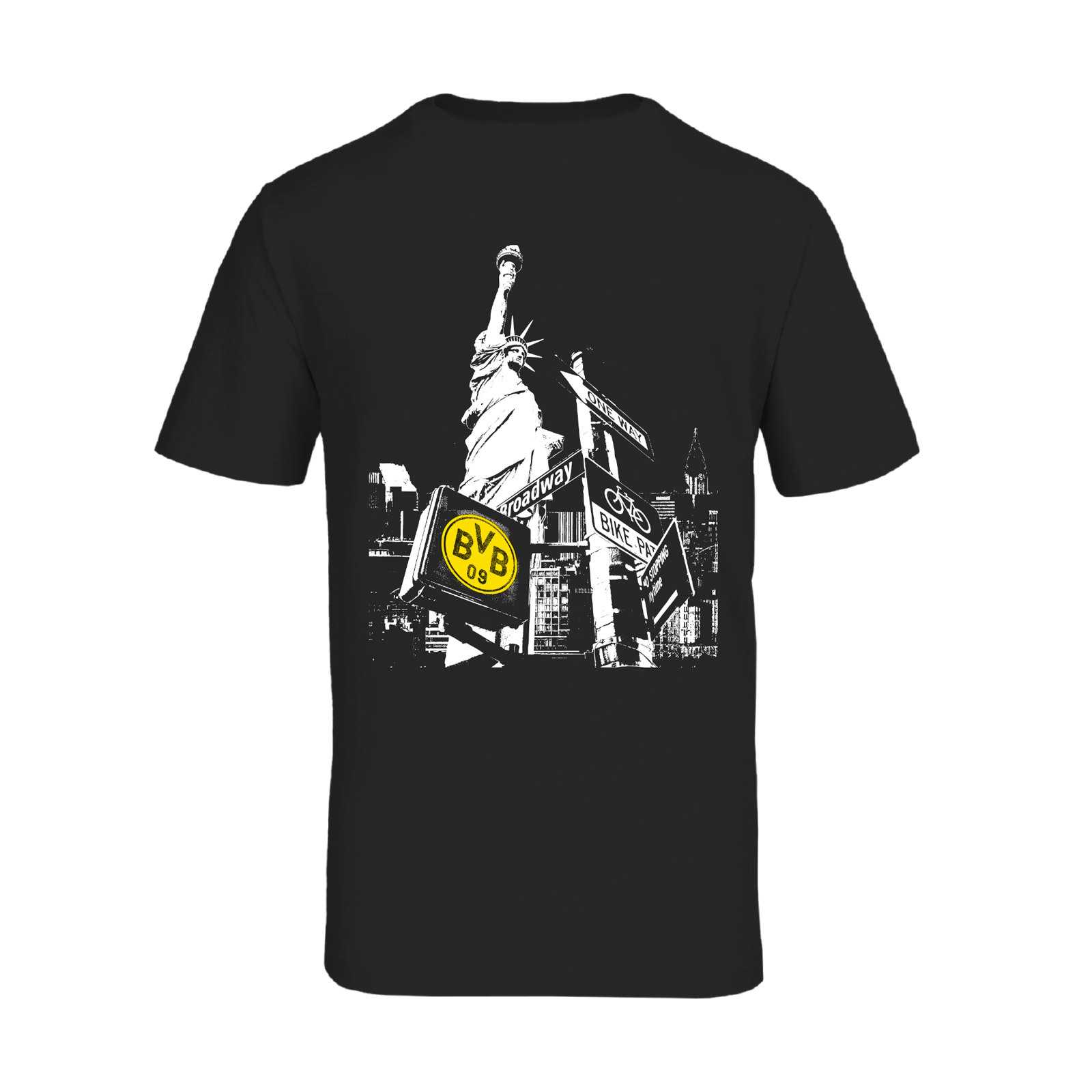 Vorderansicht des BVB USA Tee schwarz mit weißem New-York-Motiv, Freiheitsstatue und gelbem BVB-Emblem auf der Brust.