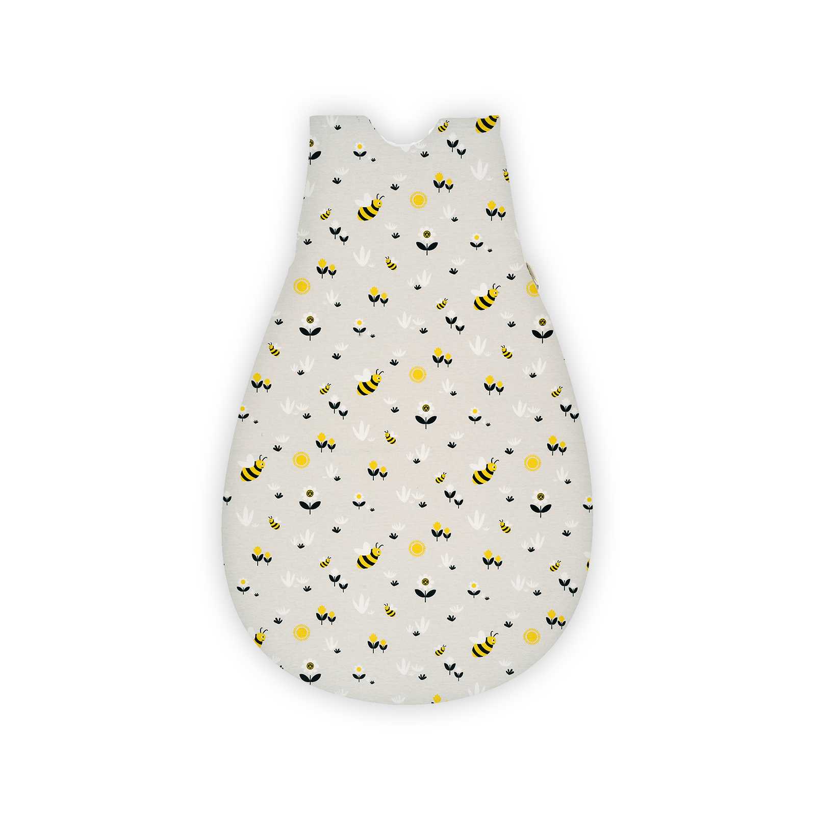 Vorderansicht des BVB Baby-Mäxchen außen Emma in hellgrau mit schwarzgelben Bienen, Blumenmuster und EMMA-Design. Schlichter, ärmelloser Schnitt.