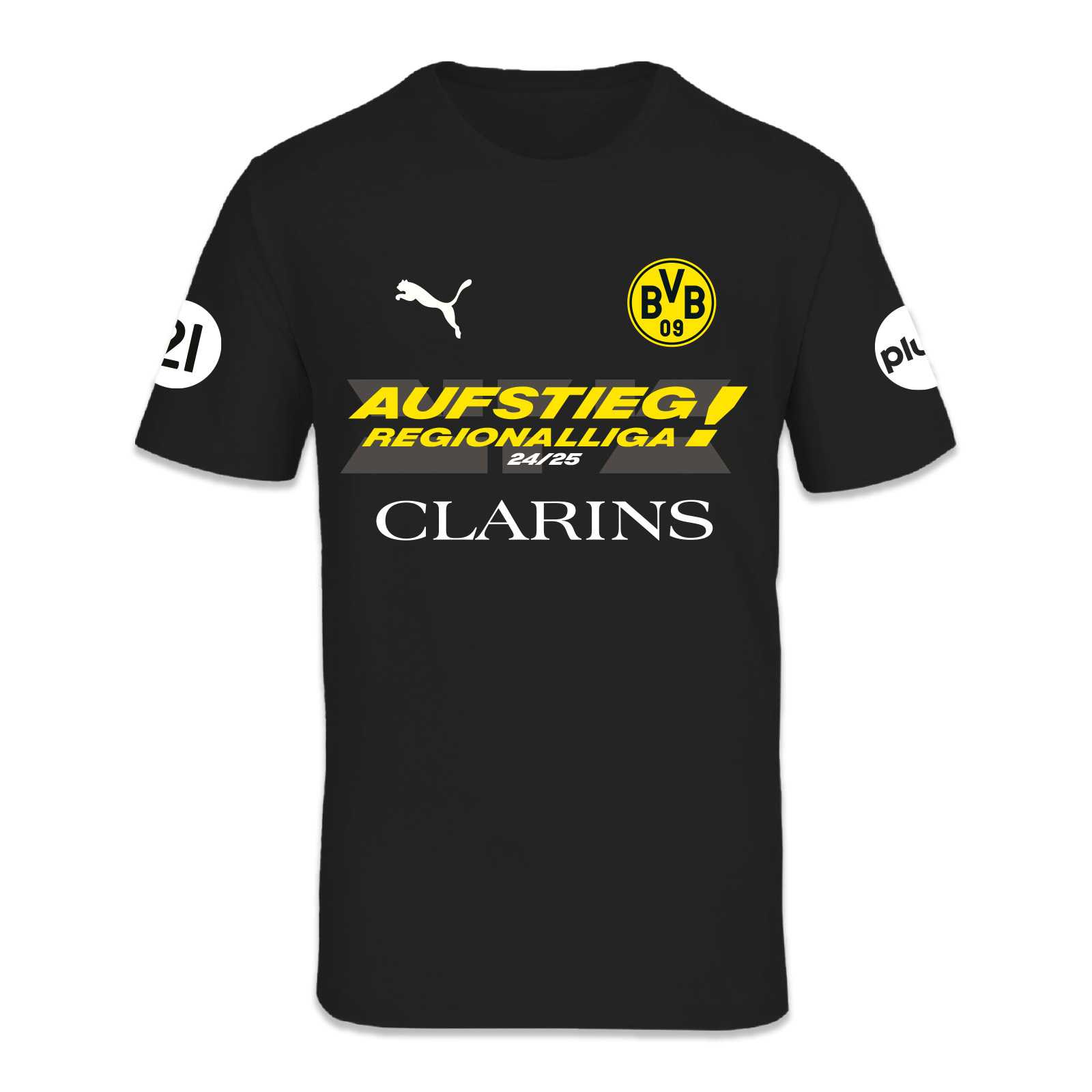 Vorderansicht des schwarzgelben BVB Frauen Aufstiegsshirts 25 mit BVB-Emblem, Puma-Logo und gelbem Aufdruck „Aufstieg Regionalliga 24/25“. Sponsorenlogos sind sichtbar.
