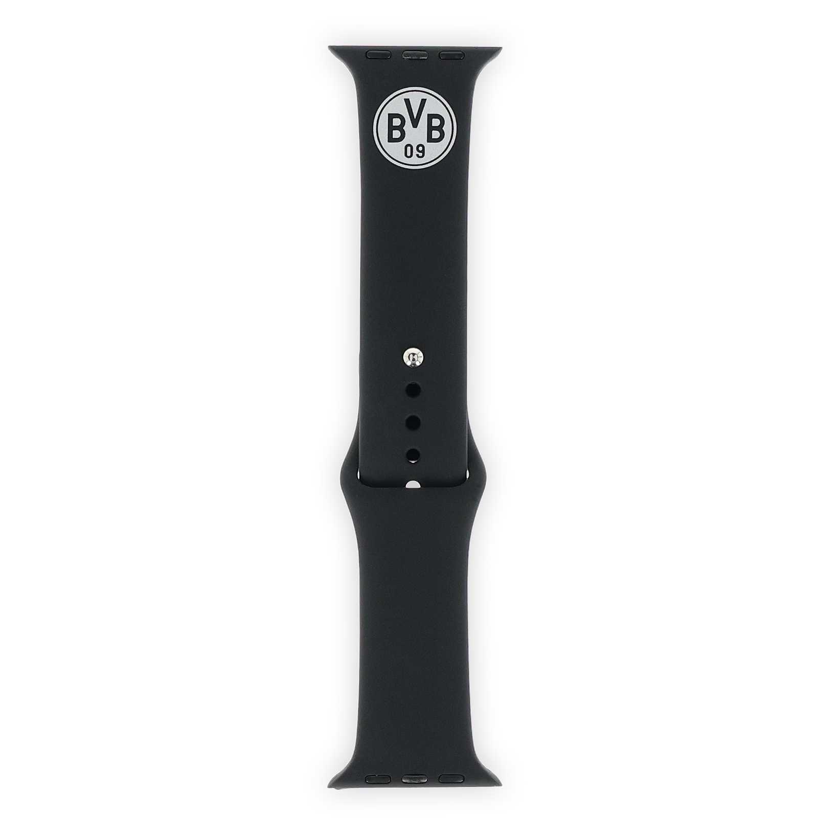 Vorderansicht des schwarzen Apple Watch Armbands mit rundem BVB-Emblem oben. Das Armband hat mehrere Einstelllöcher.