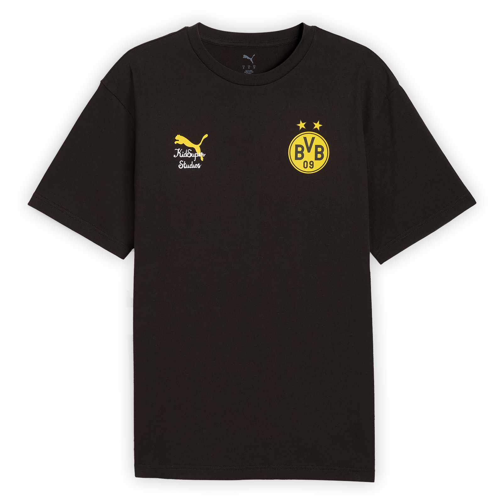 Vorderansicht des schwarzgelben BVB KidSuper Graphic T-Shirt Erw. mit gelbem BVB-Emblem, Puma-Logo und KidSuper Studios Schriftzug auf der Brust.