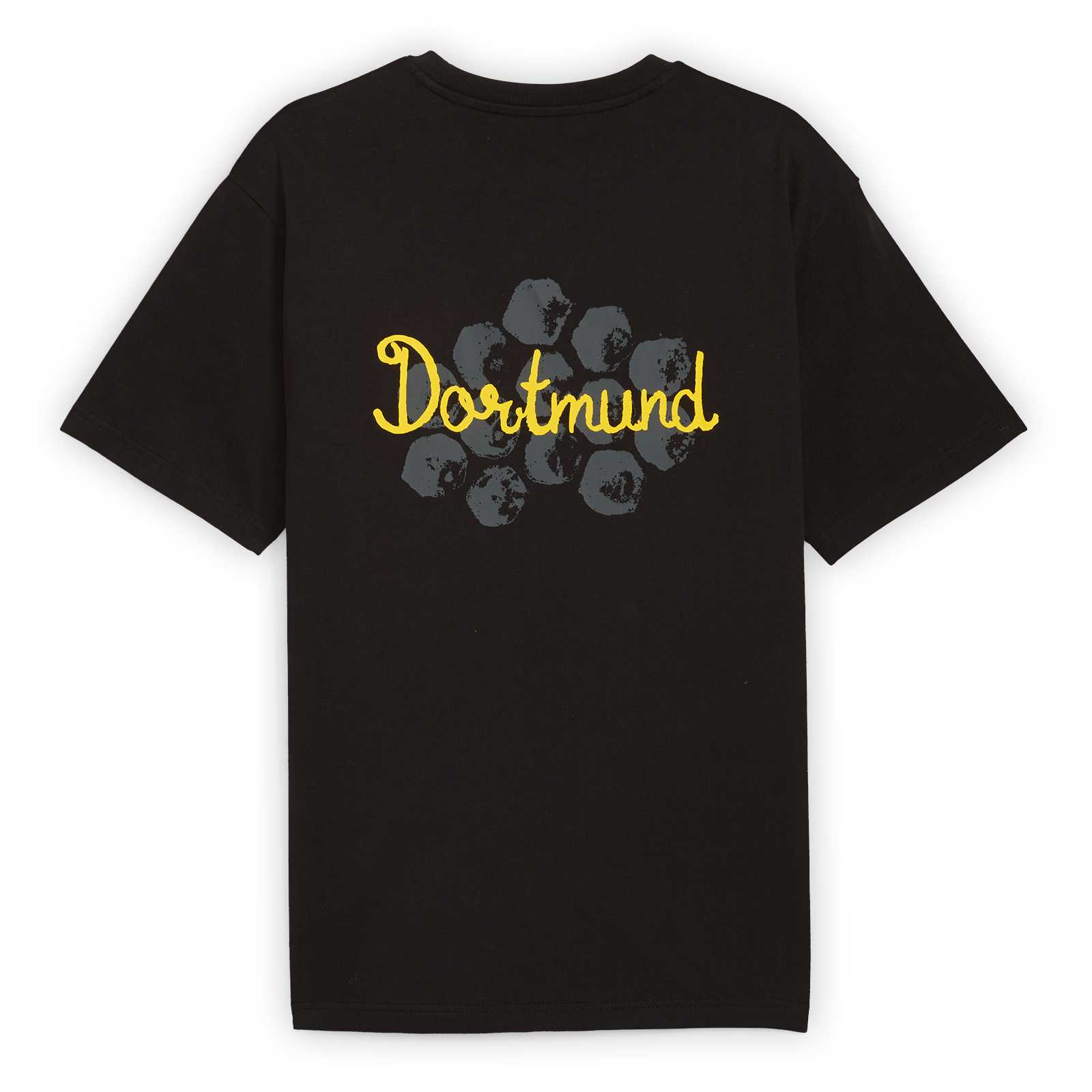 Rückansicht des schwarzgelben BVB KidSuper Graphic T-Shirts für Erwachsene mit gelbem "Dortmund"-Schriftzug und grafischem Muster auf dem Rücken.