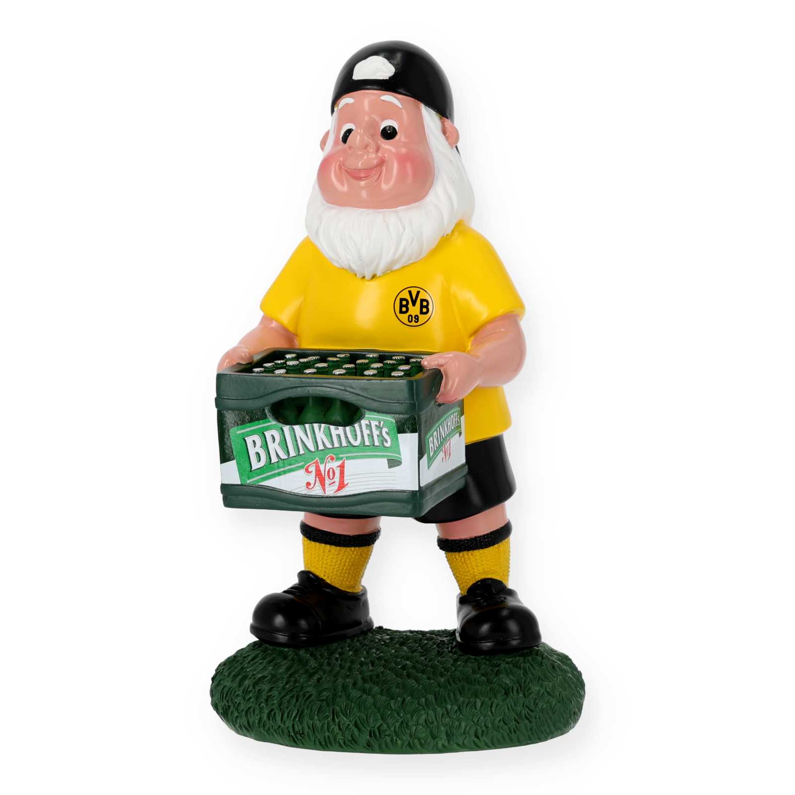 BVB Gartenzwerg Bierkasten als Figur in schwarzgelber Kleidung mit sichtbarem BVB-Emblem, hält einen grünen Brinkhoff’s No.1-Bierkasten, Frontansicht.