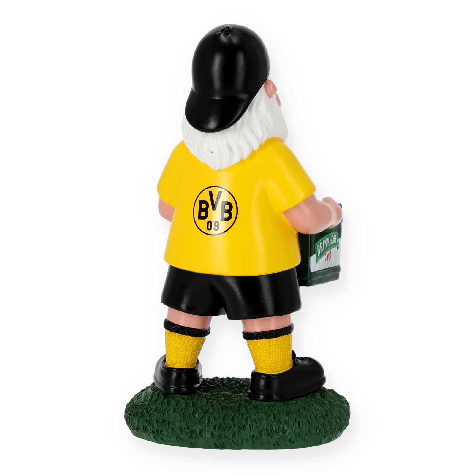Rückansicht des BVB Gartenzwerg Bierkasten mit schwarzgelbem Outfit, BVB-Emblem auf dem Rücken und Bierkasten in der rechten Hand.