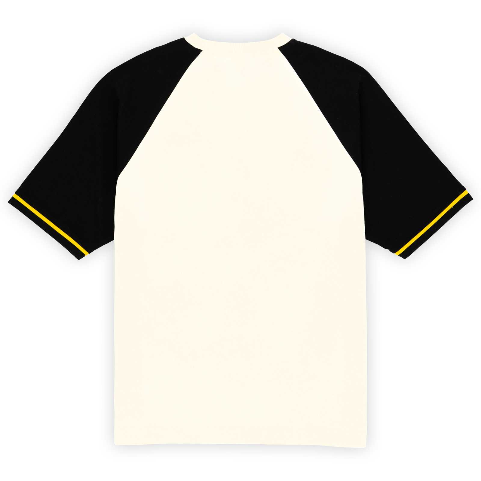 Rückansicht des weißen BVB-T-Shirts mit schwarzen Ärmeln und gelben Akzenten.