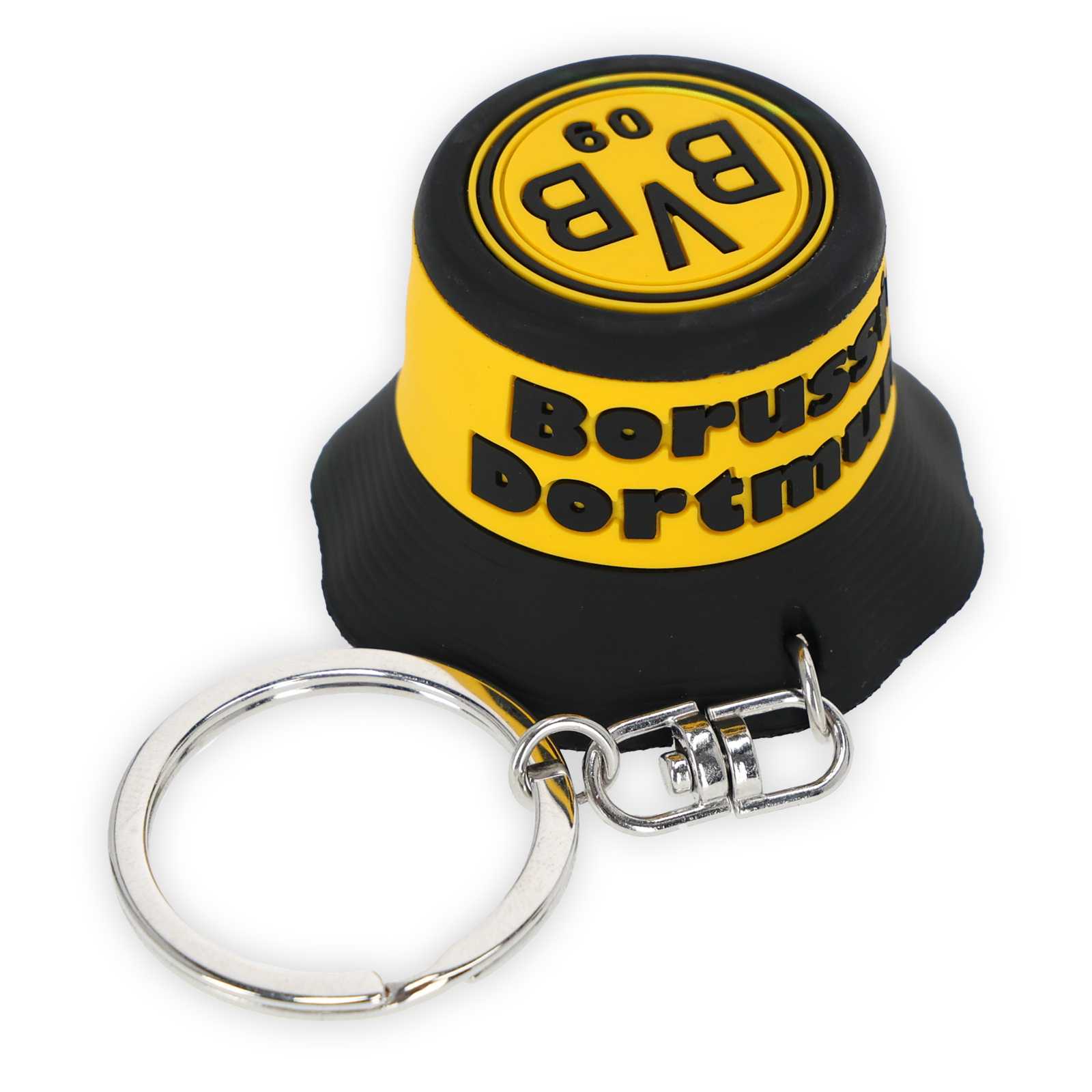 Schwarzgelber BVB-Schlüsselanhänger in Form eines Stadionhutes mit BVB-Logo und Schriftzug "Borussia Dortmund". Detailansicht mit silbernem Schlüsselring.