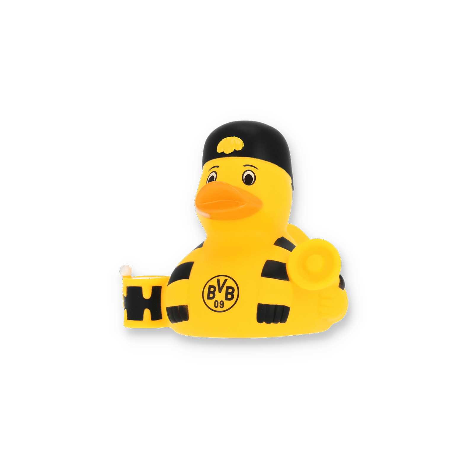 Voderansicht der BVB-Badeente mit BVB-Schal und schwarzer Kappe, verkehrt herum aufgesetzt.