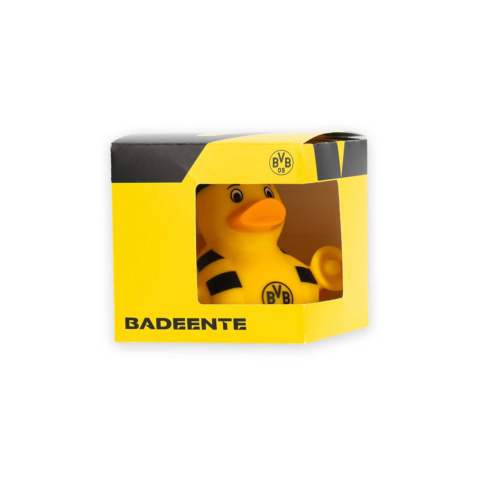 Abbildung der BVB-Badeente in schwarzgelber Verpackung